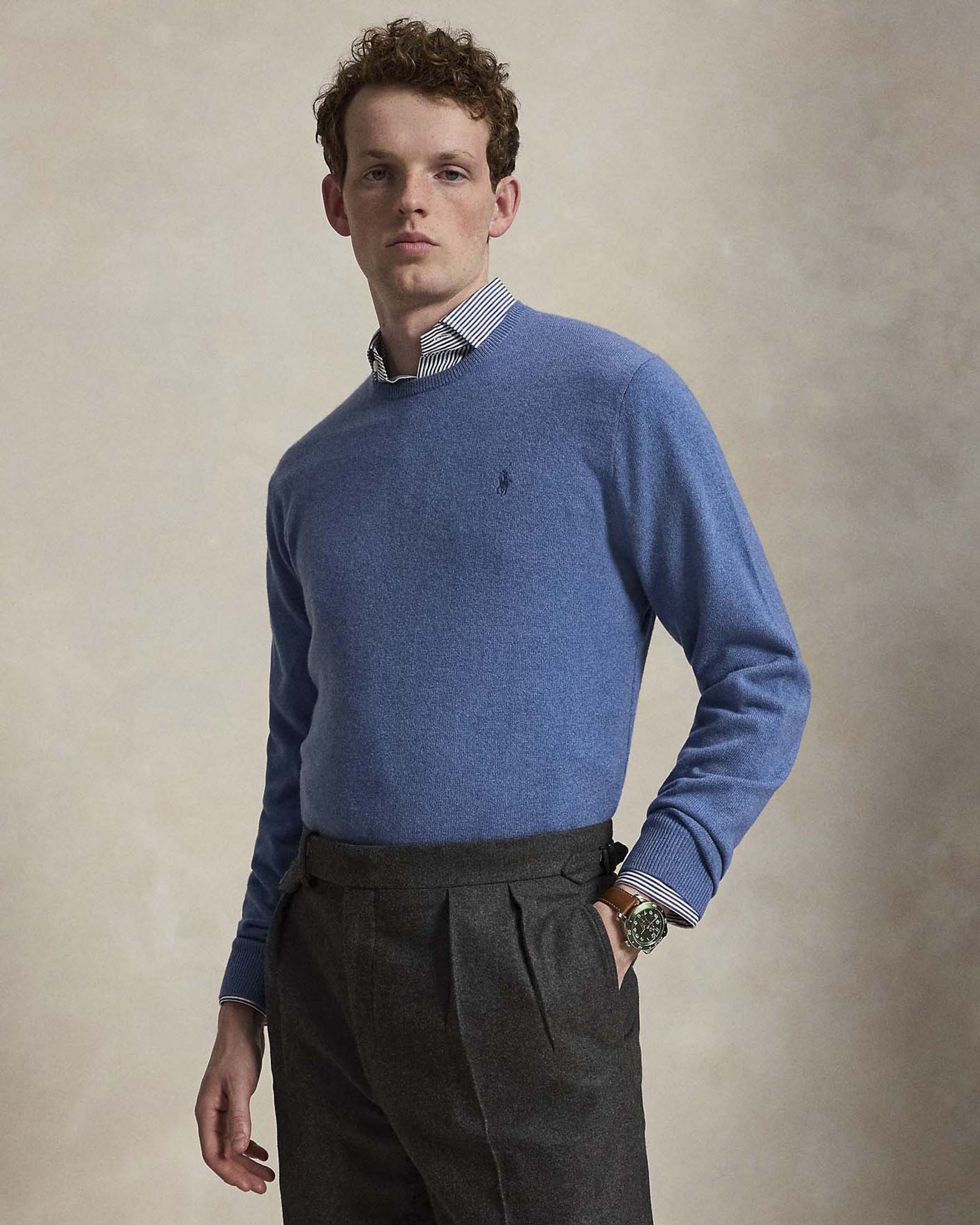 Maglia Polo Ralph Lauren celeste in pura lana con scollo a giro e logo pony ricamato sul petto
