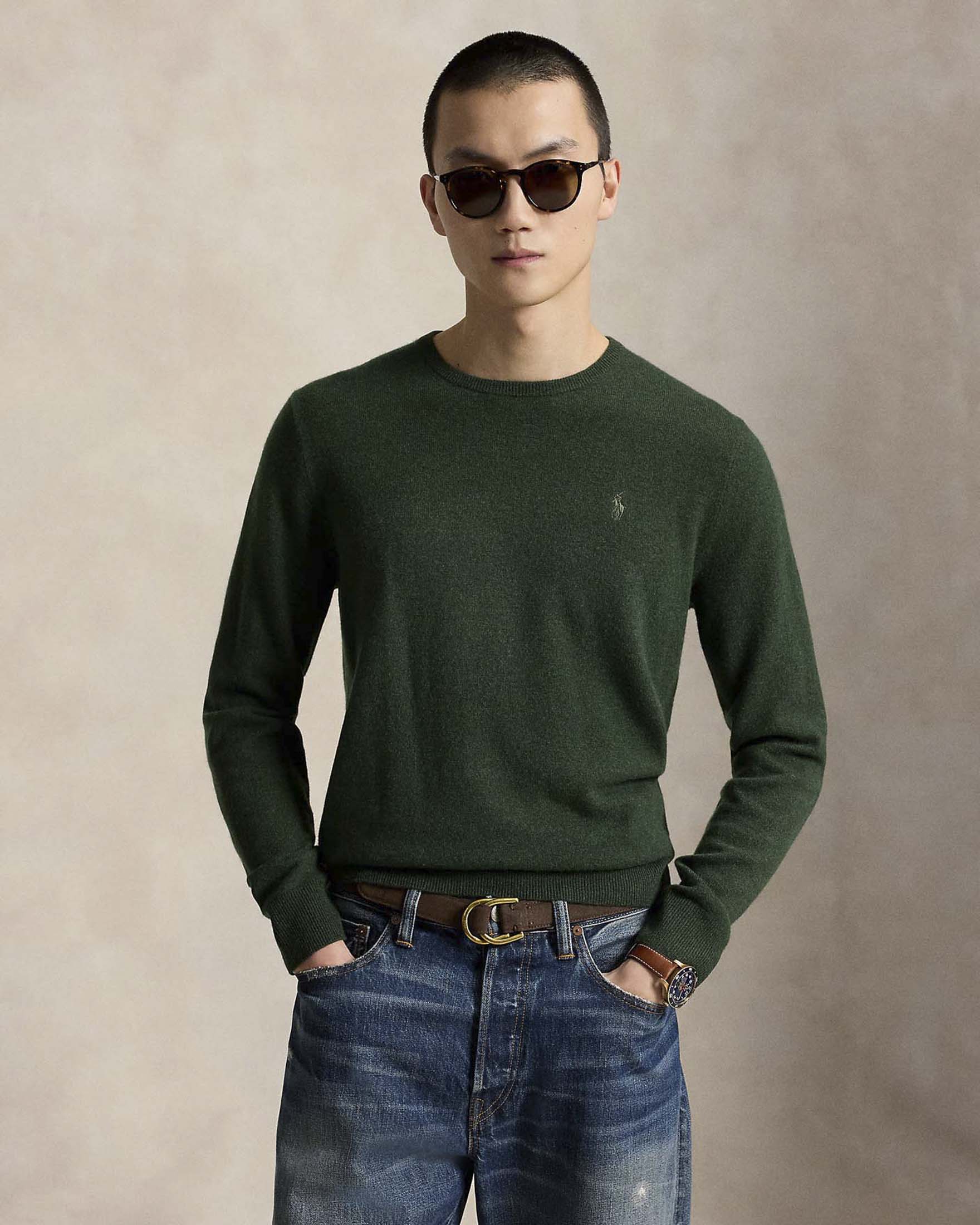 Maglia Polo Ralph Lauren verde in pura lana con scollo a giro e logo pony ricamato sul petto image