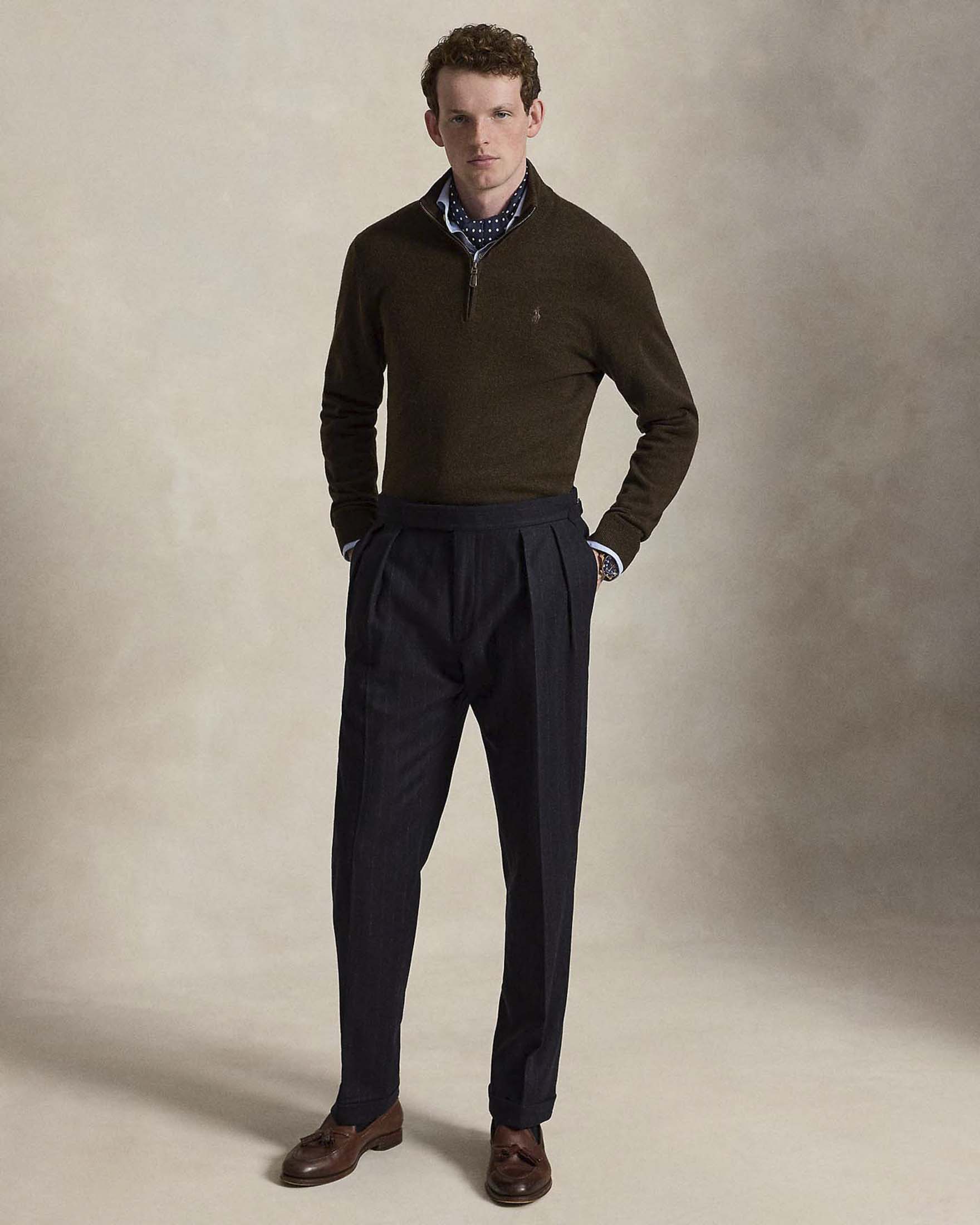 Maglia Polo Ralph Lauren marrone in pura lana con apertura a mezza zip e logo pony in tono sul petto