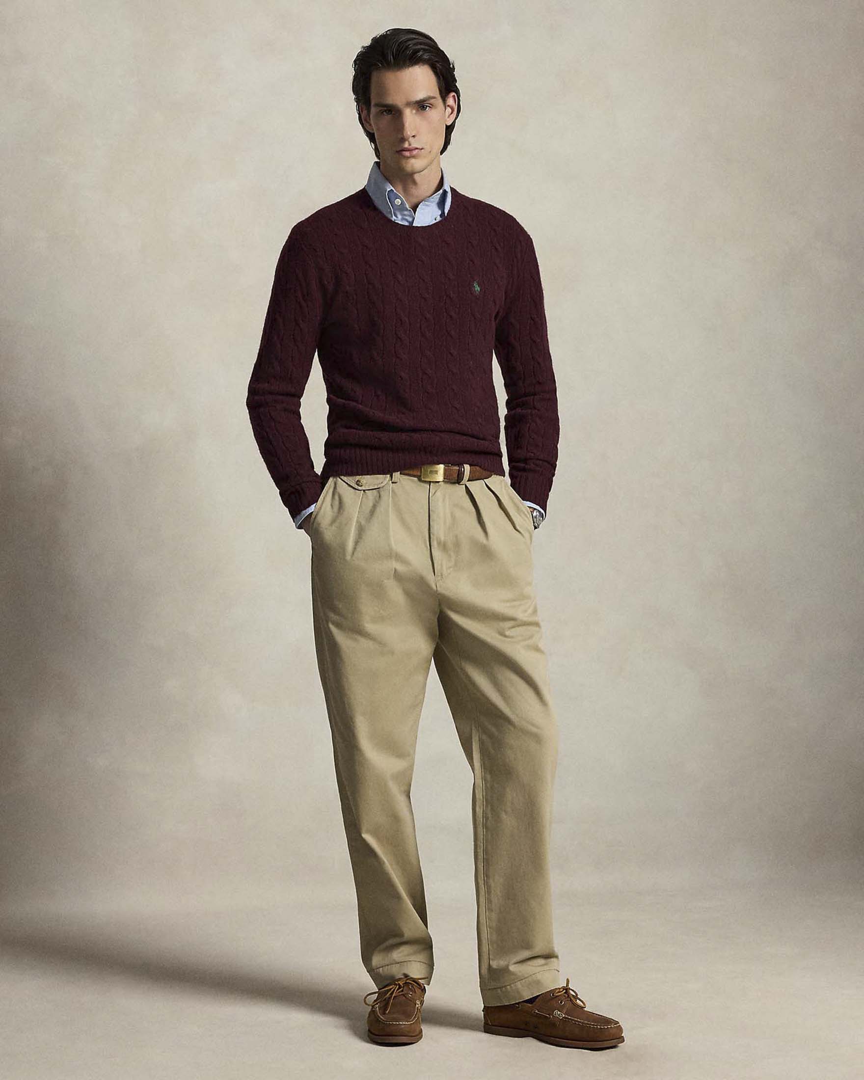 Maglia girocollo Polo Ralph Lauren bordeaux in lana e cashmere lavorata a trecce con logo pony ricamato in tono