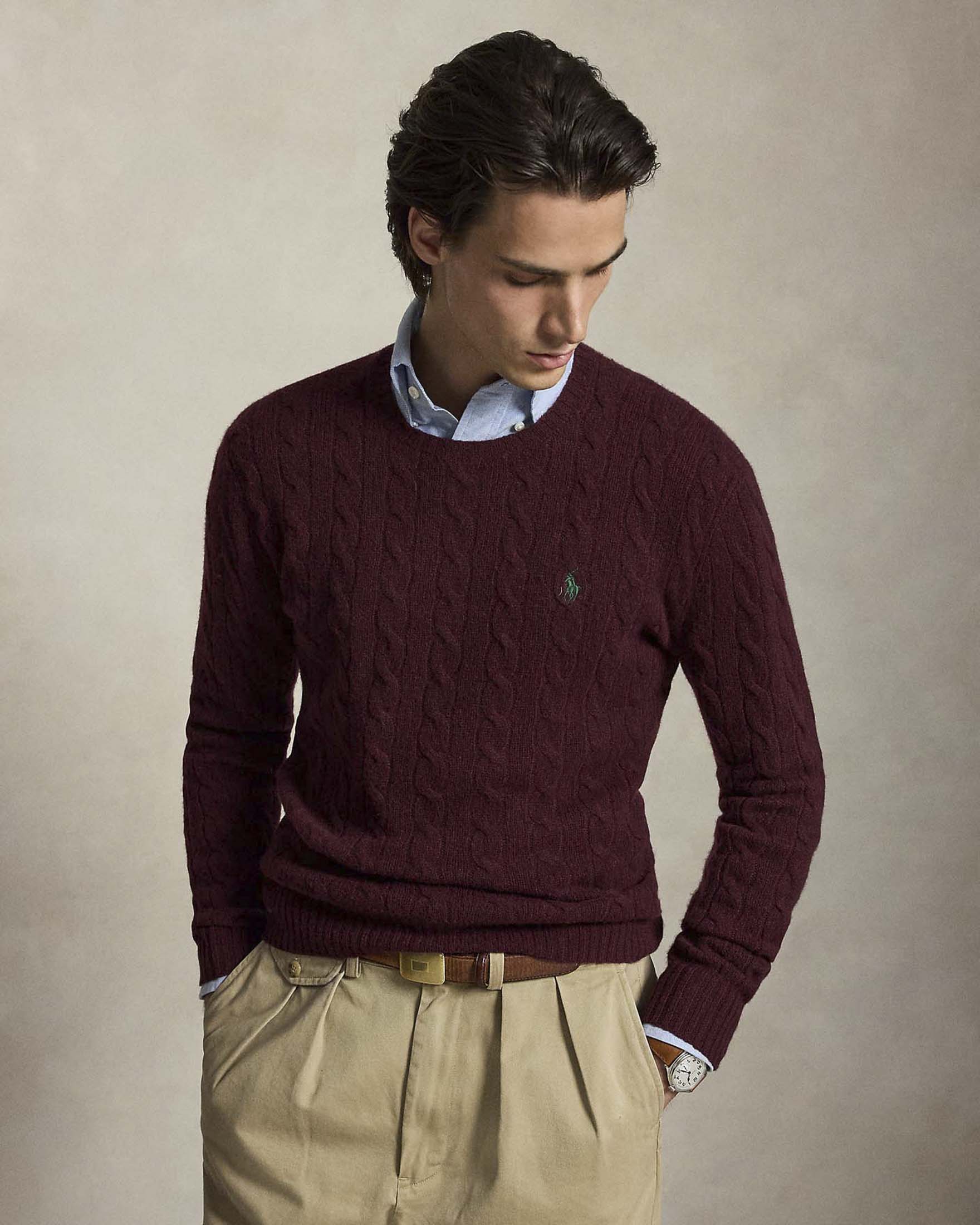 Maglia girocollo Polo Ralph Lauren bordeaux in lana e cashmere lavorata a trecce con logo pony ricamato in tono image