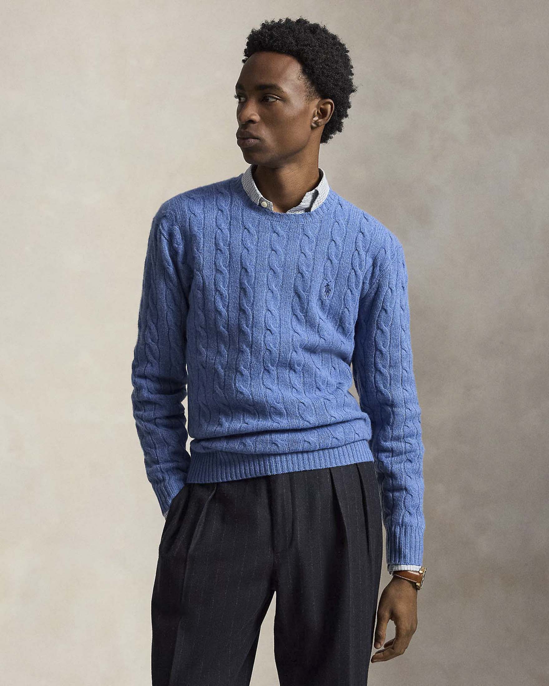 Maglia girocollo Polo Ralph Lauren celeste in lana e cashmere lavorata a trecce con logo pony ricamato in tono