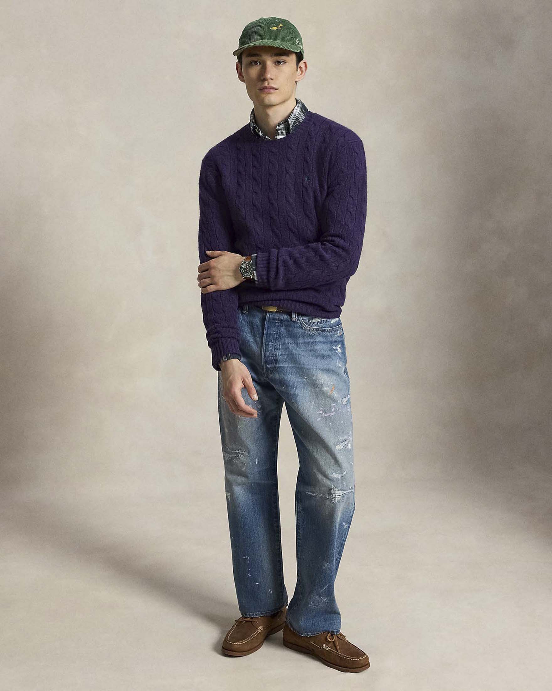 Maglia girocollo Polo Ralph Lauren viola in lana e cashmere lavorata a trecce con logo pony ricamato in tono