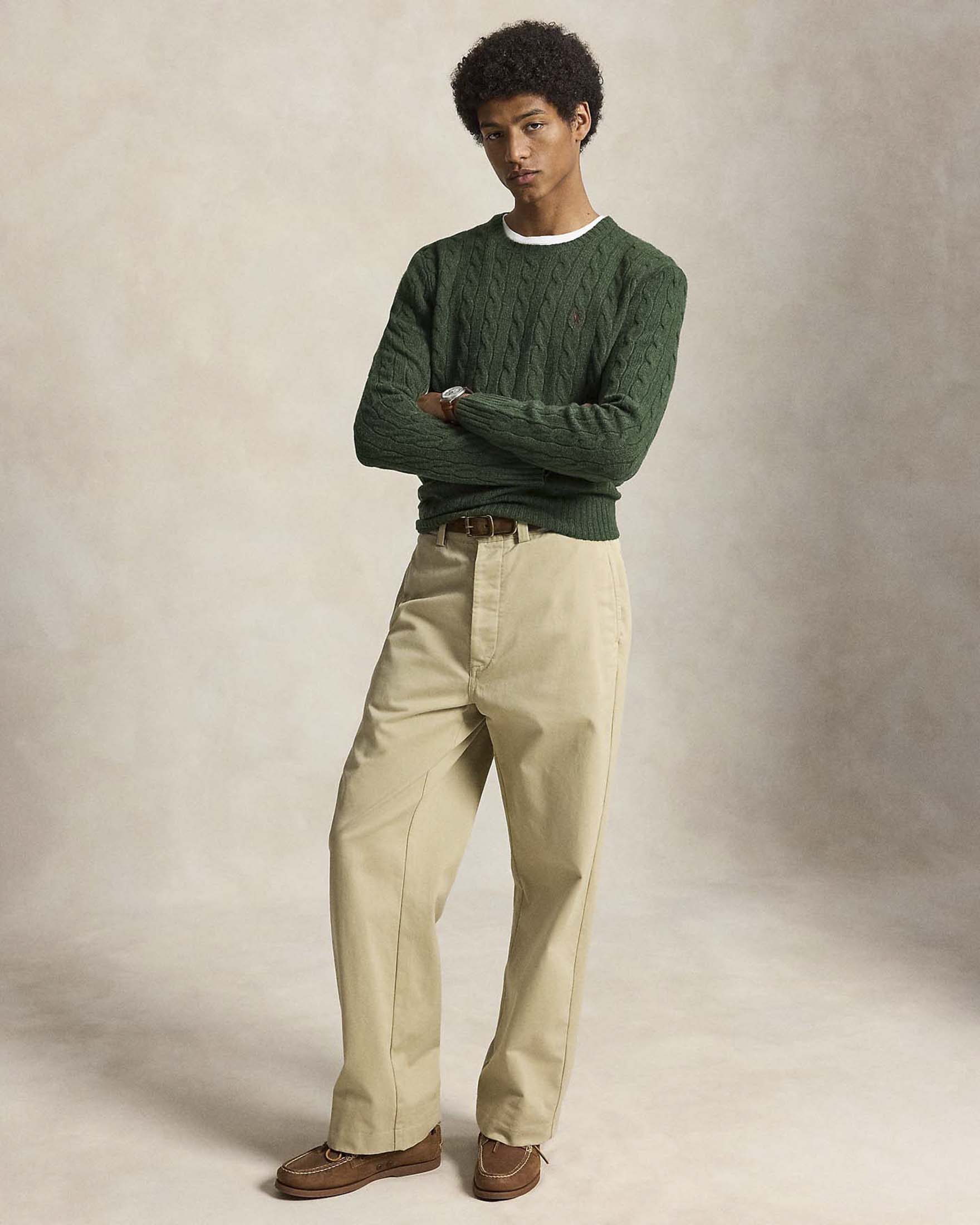 Maglia girocollo Polo Ralph Lauren verde in lana e cashmere lavorata a trecce con logo pony ricamato in tono