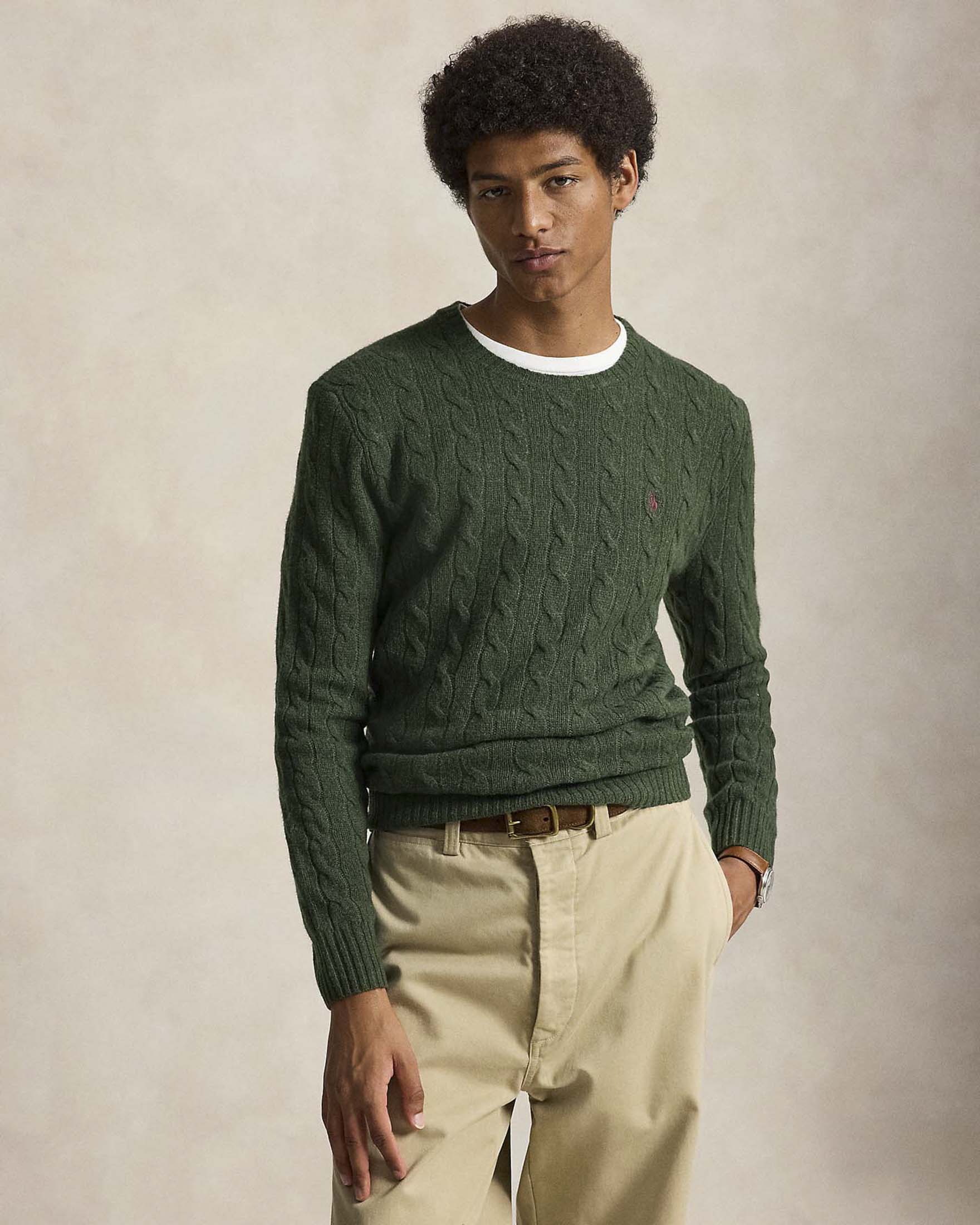 Maglia girocollo Polo Ralph Lauren verde in lana e cashmere lavorata a trecce con logo pony ricamato in tono image