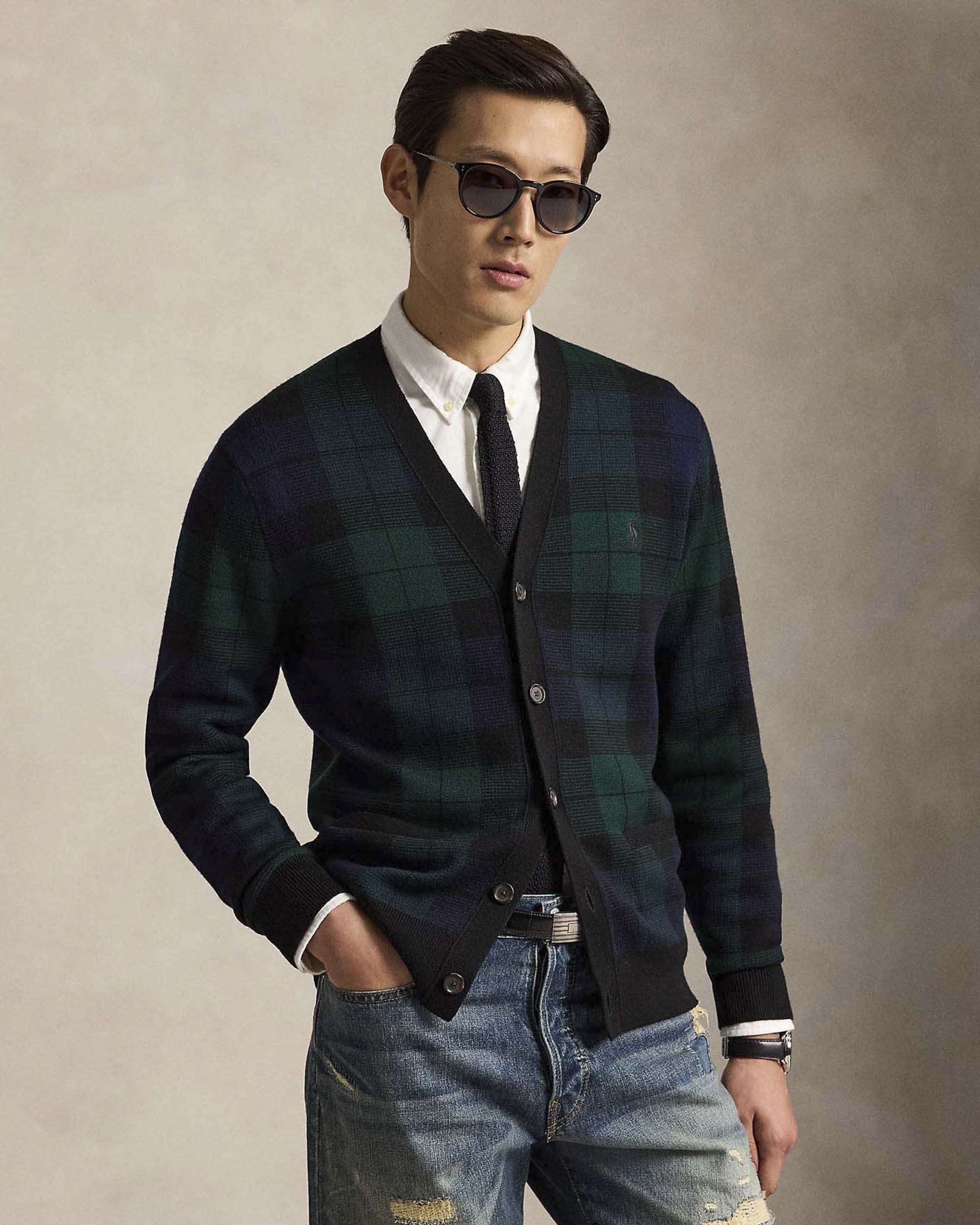 Cardigan Polo Ralph Lauren blu e verde a quadri in lana