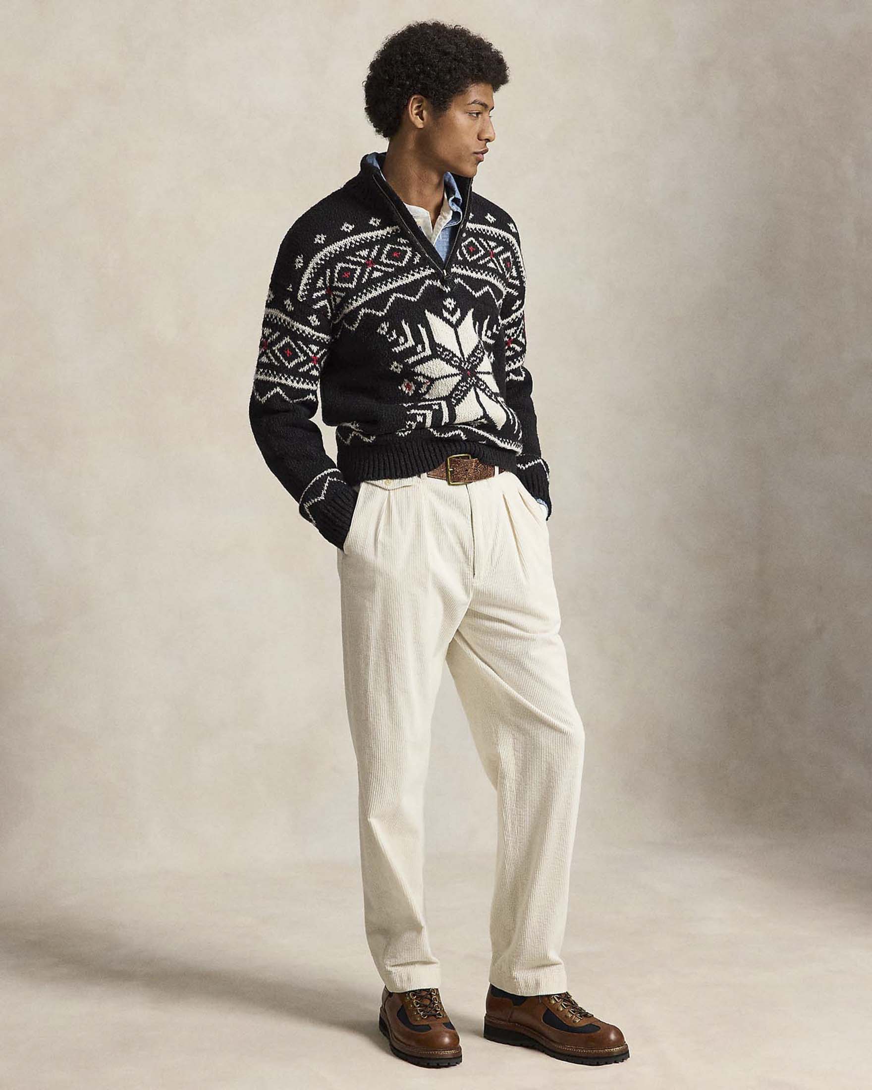 Maglione con mezza zip Polo Ralph Lauren nero con motivo norvegese jacquard