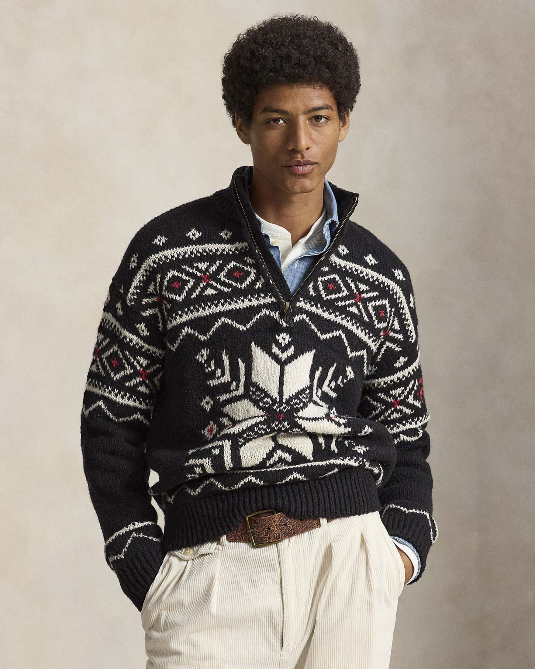Maglione con mezza zip Polo Ralph Lauren nero con motivo norvegese jacquard image