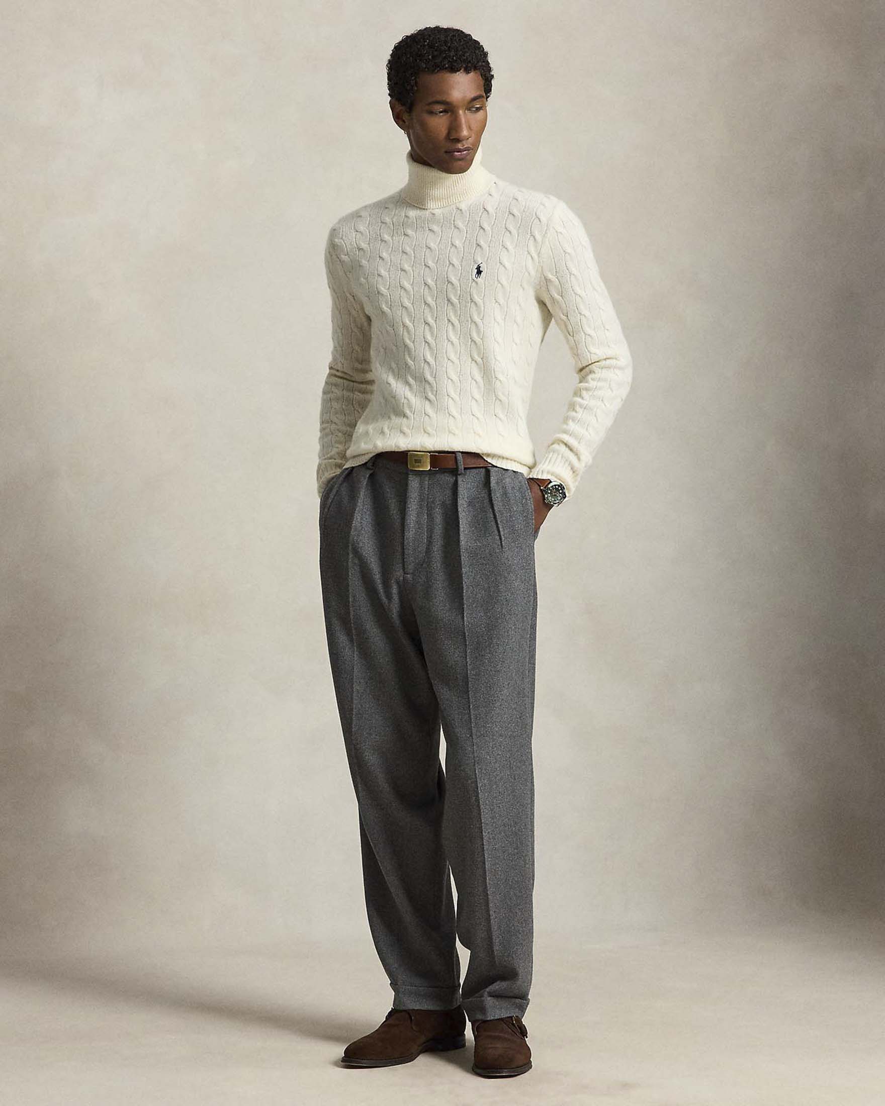 Dolcevita Polo Ralph Lauren panna in lana e cashmere a trecce