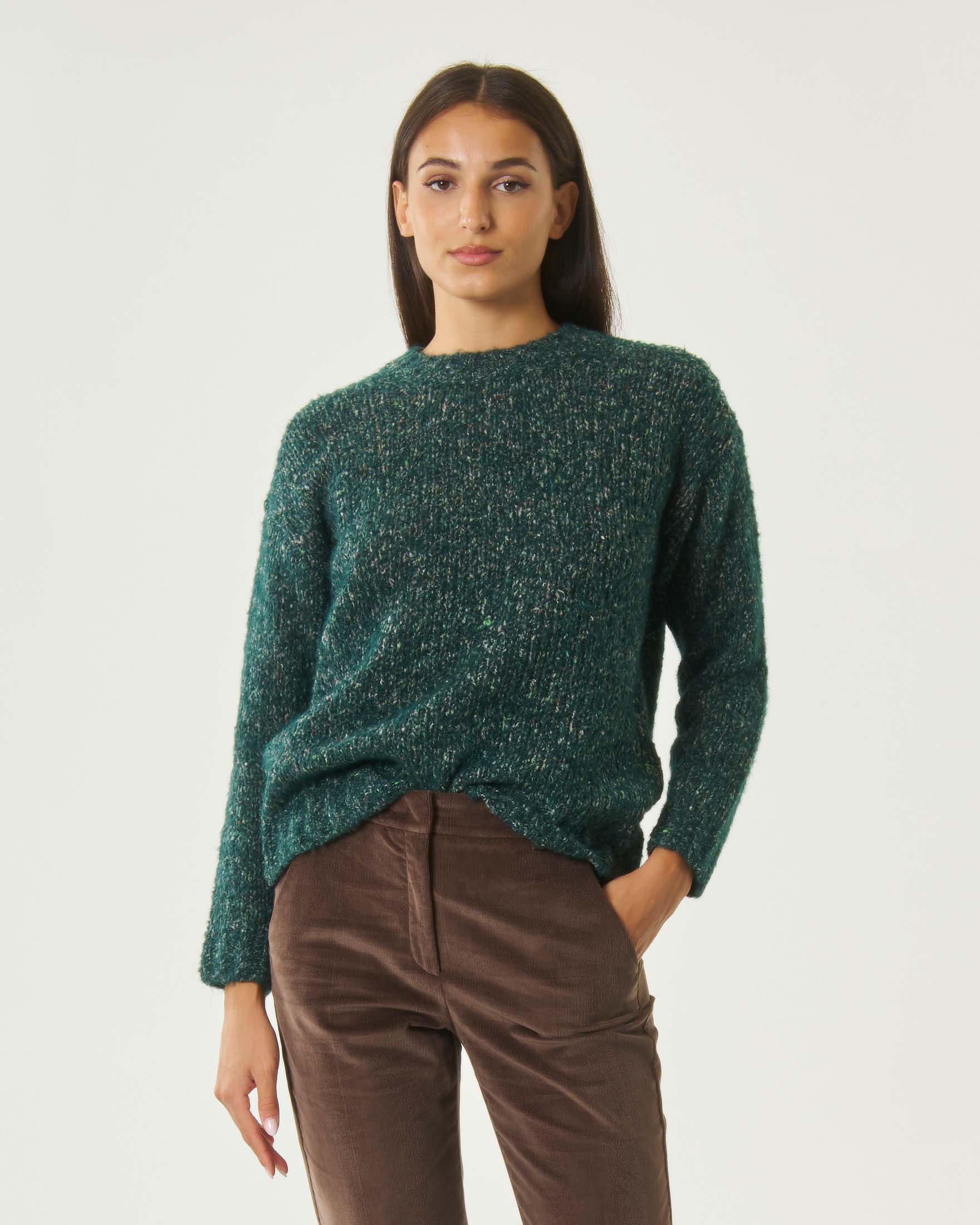 Maglia oversize Weekend Max Mara verde scura in misto alpaca cotone e lana effetto tweed