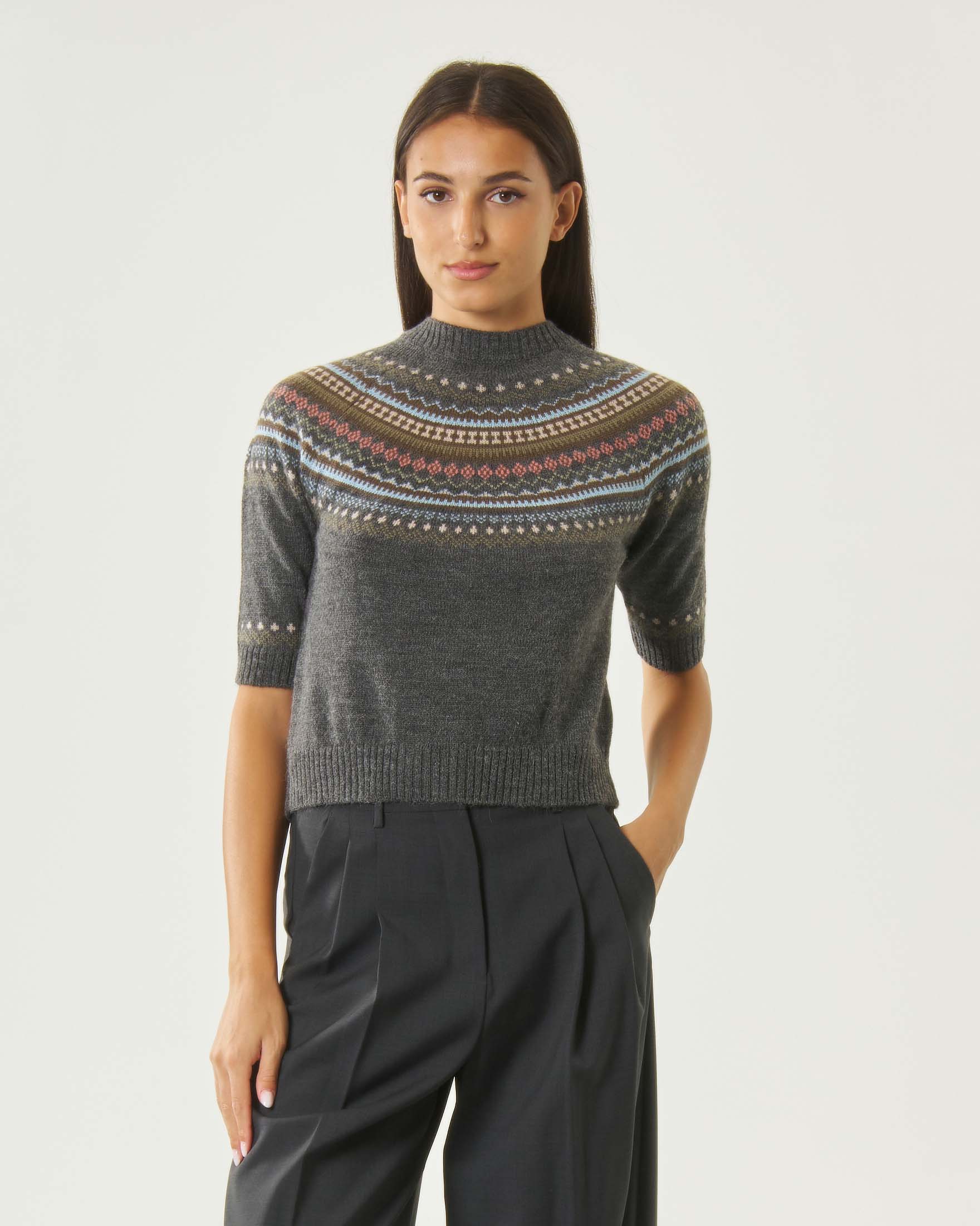 Maglia a maniche corte Weekend Max Mara antracite in misto alpaca con motivo norvegese colorato