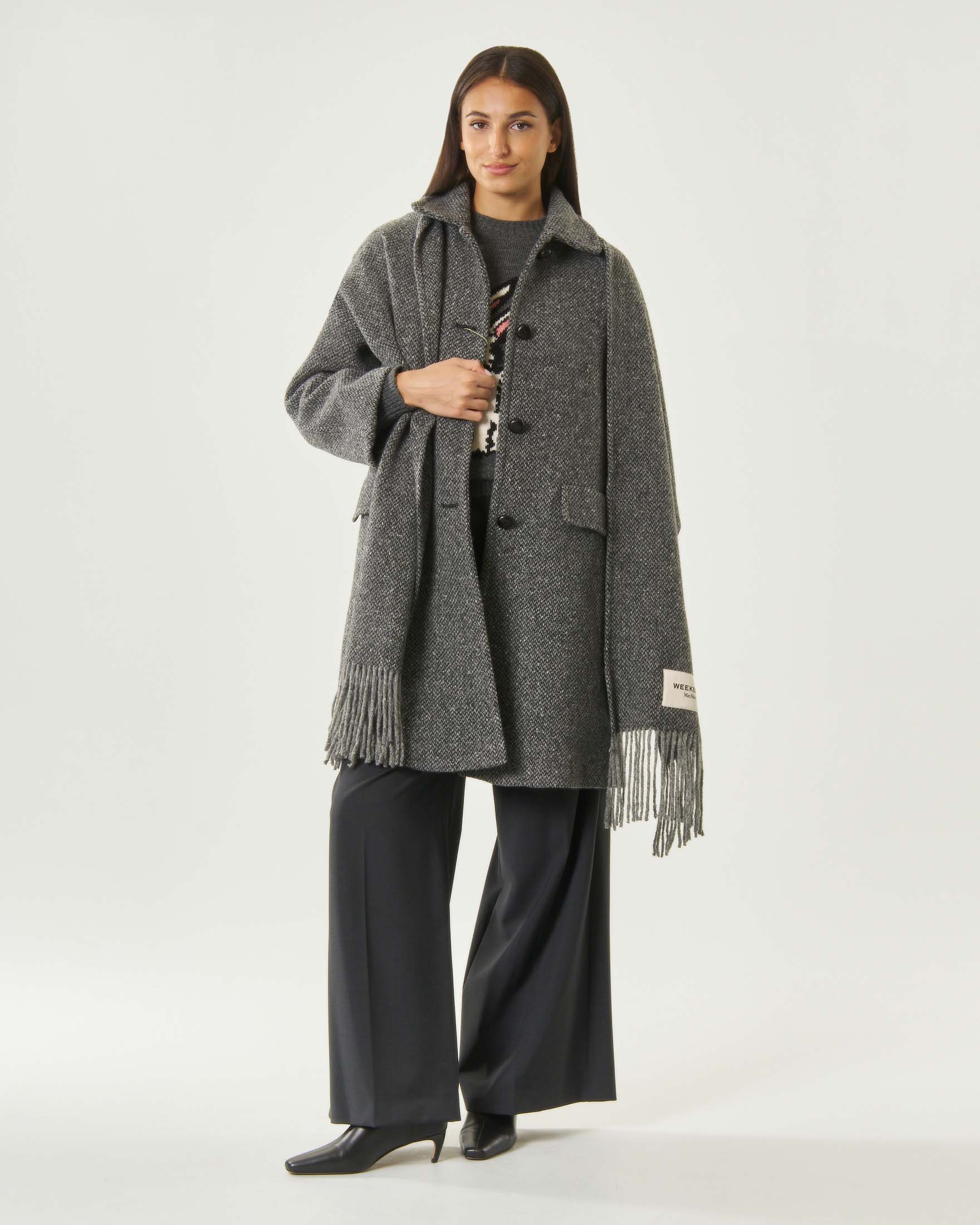 Cappotto midi monopetto Weekend Max Mara grigio in tweed di misto lana con sciarpa