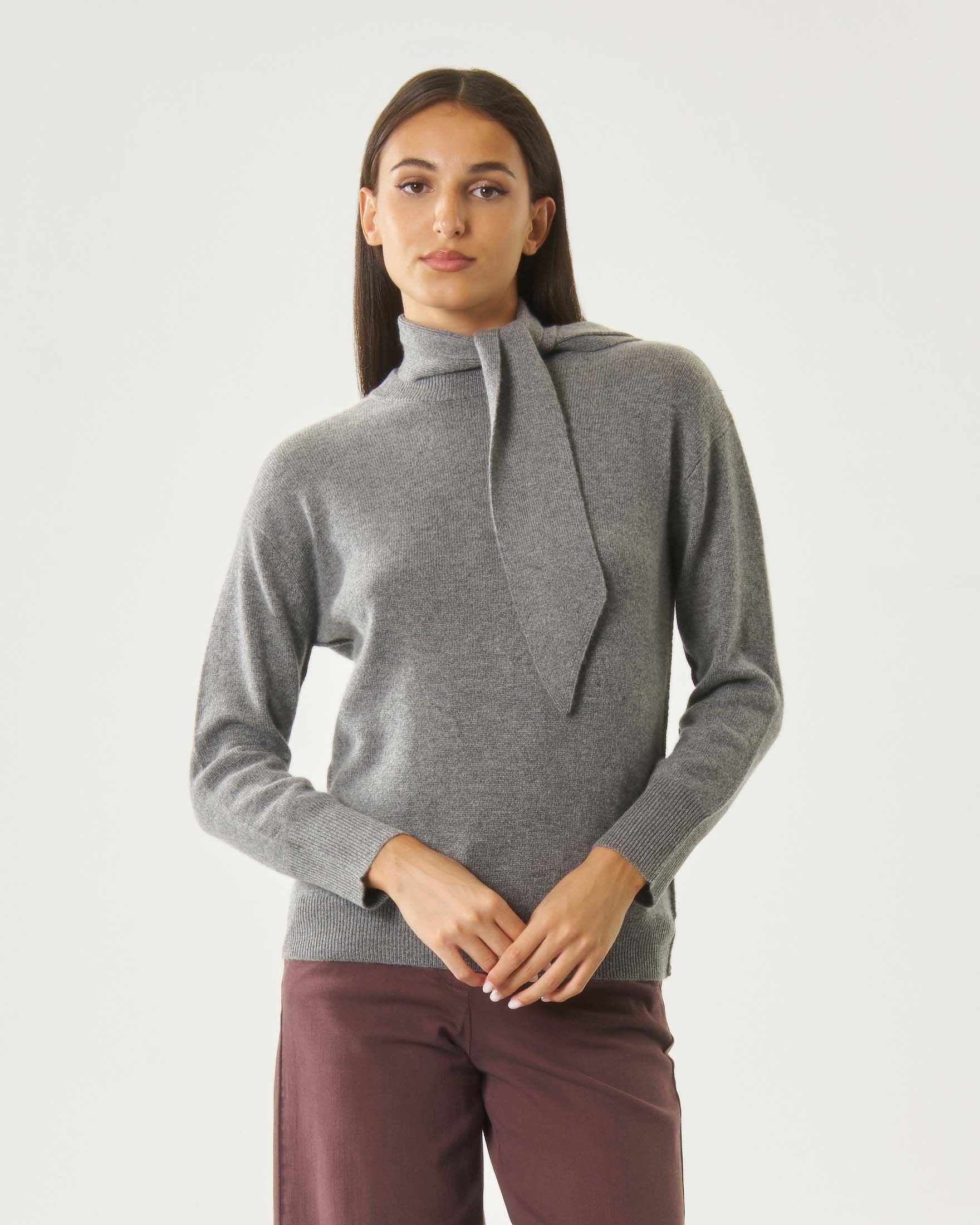 Maglia girocollo Marella Sport grigia in misto lana e cachemire con sciarpa removibile