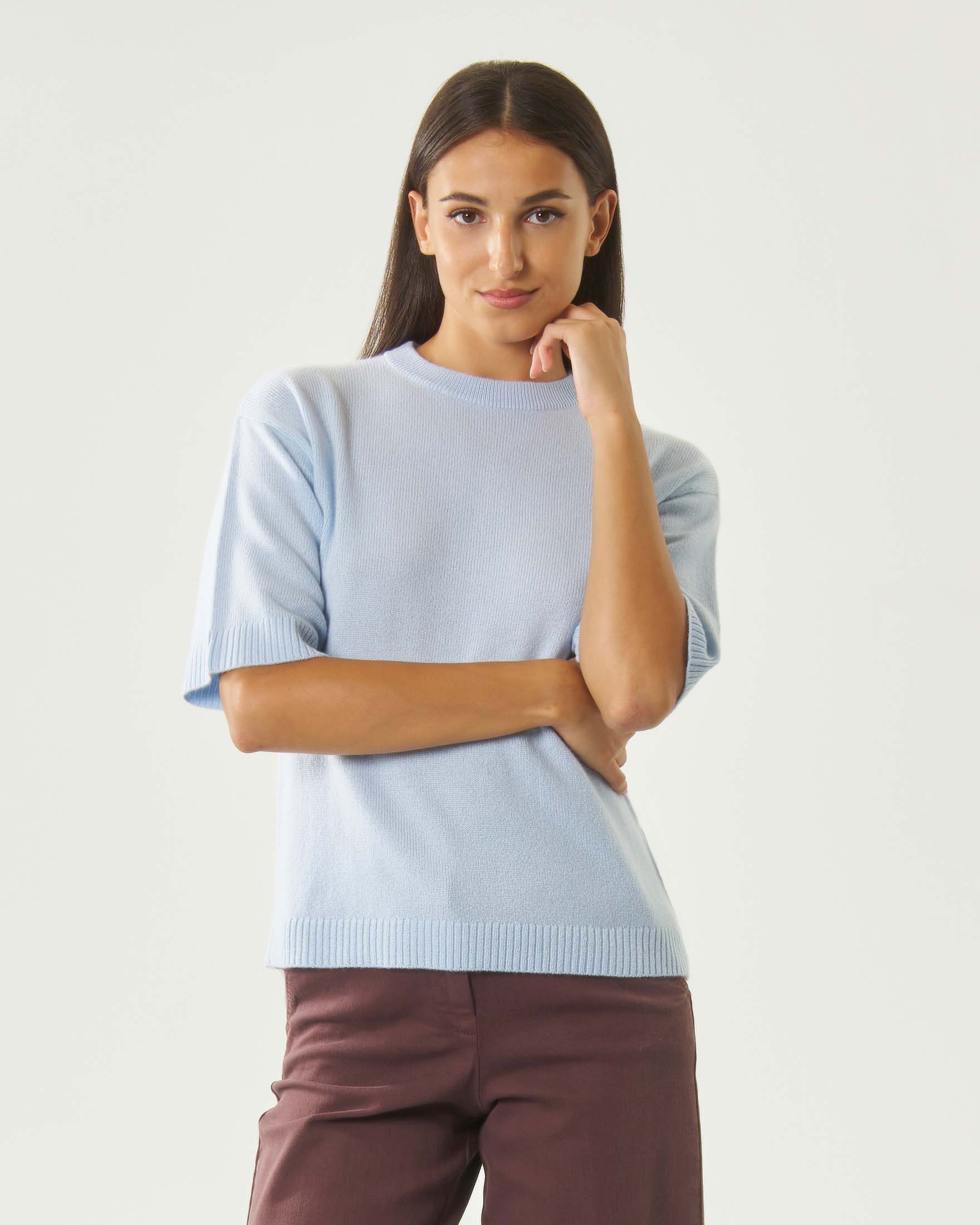 Maglia mezze maniche Marella Sport azzurra in lana e cachemire con spalla scesa e bordi a costine