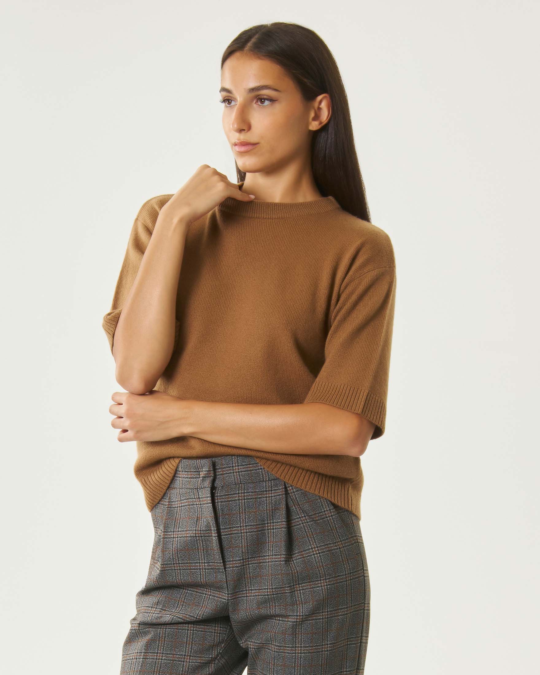 Maglia mezze maniche Marella Sport cammello in lana e cachemire con spalla scesa e bordi a costine