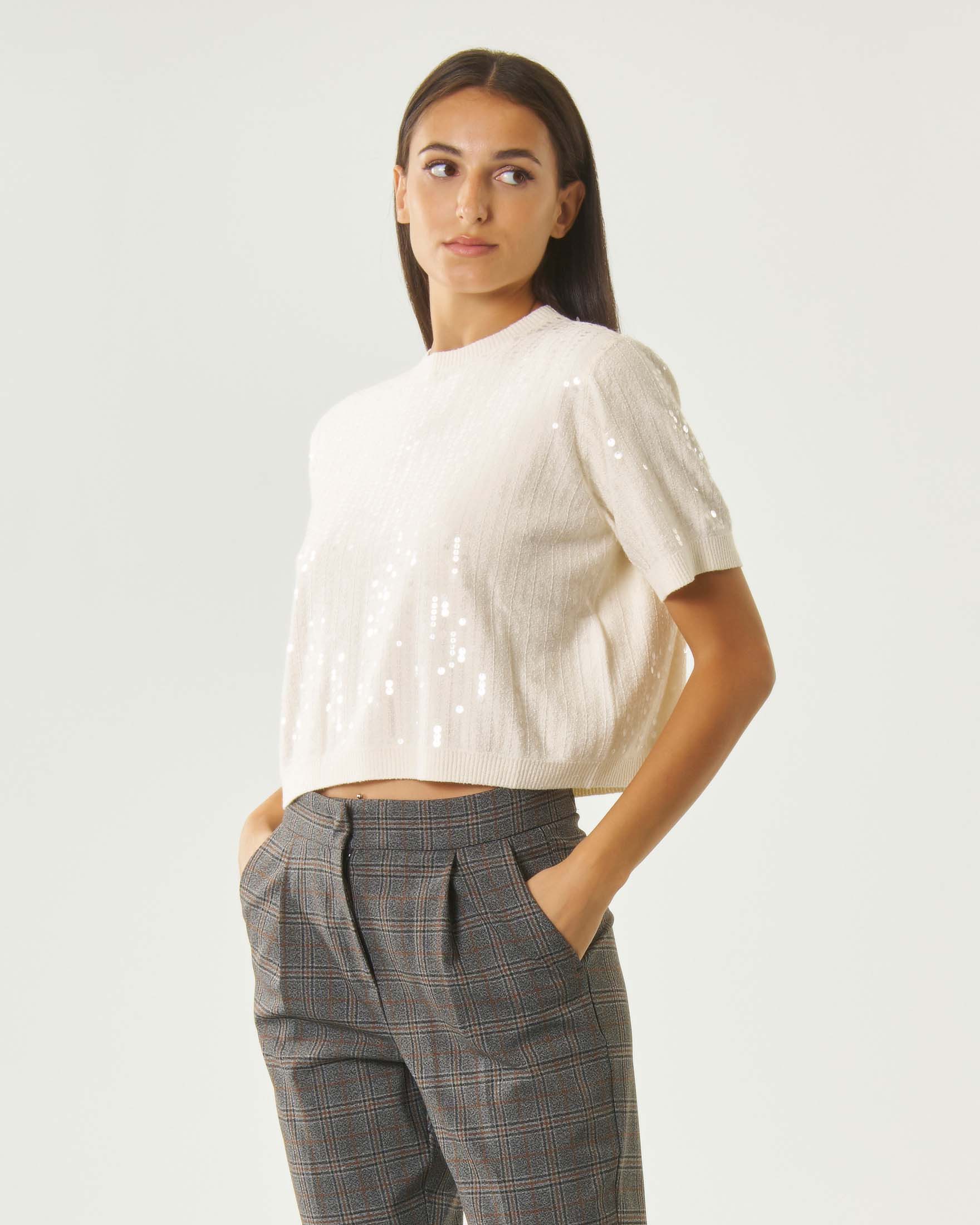 Maglia boxy girocollo Marella Sport bianca in misto cotone bouclé con paillettes all over tono su tono