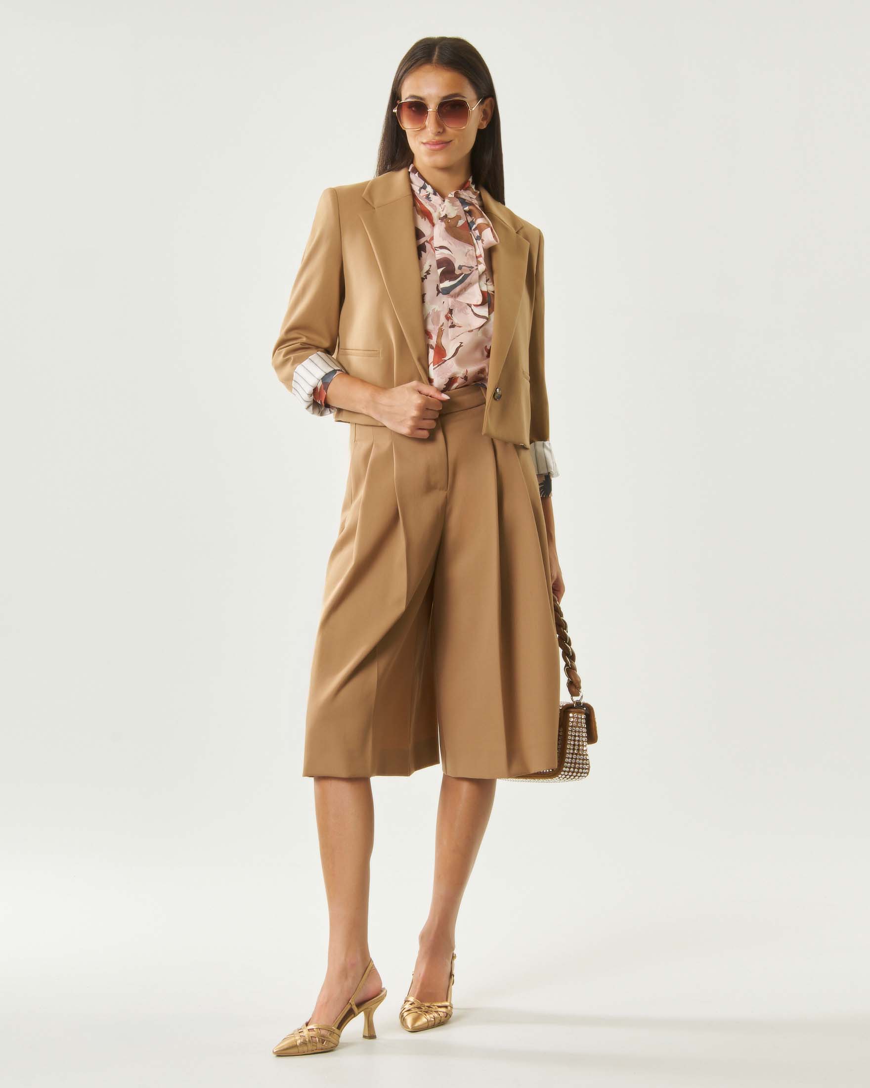 Pantaloni culotte Marella Sport color cammello in gabardina di misto lana con tasche laterali