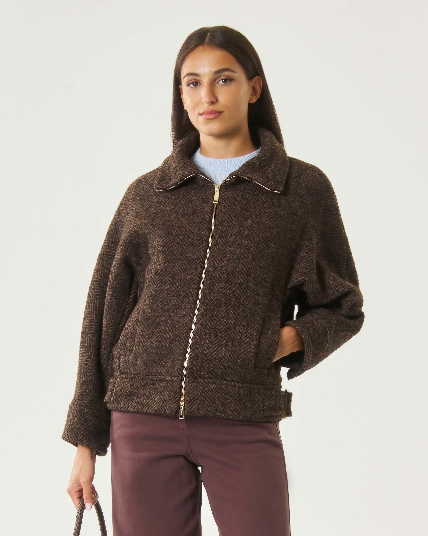 Giacca bomber Marella Sport marrone in lana a spina di pesce con chiusura zip e colletto a camicia