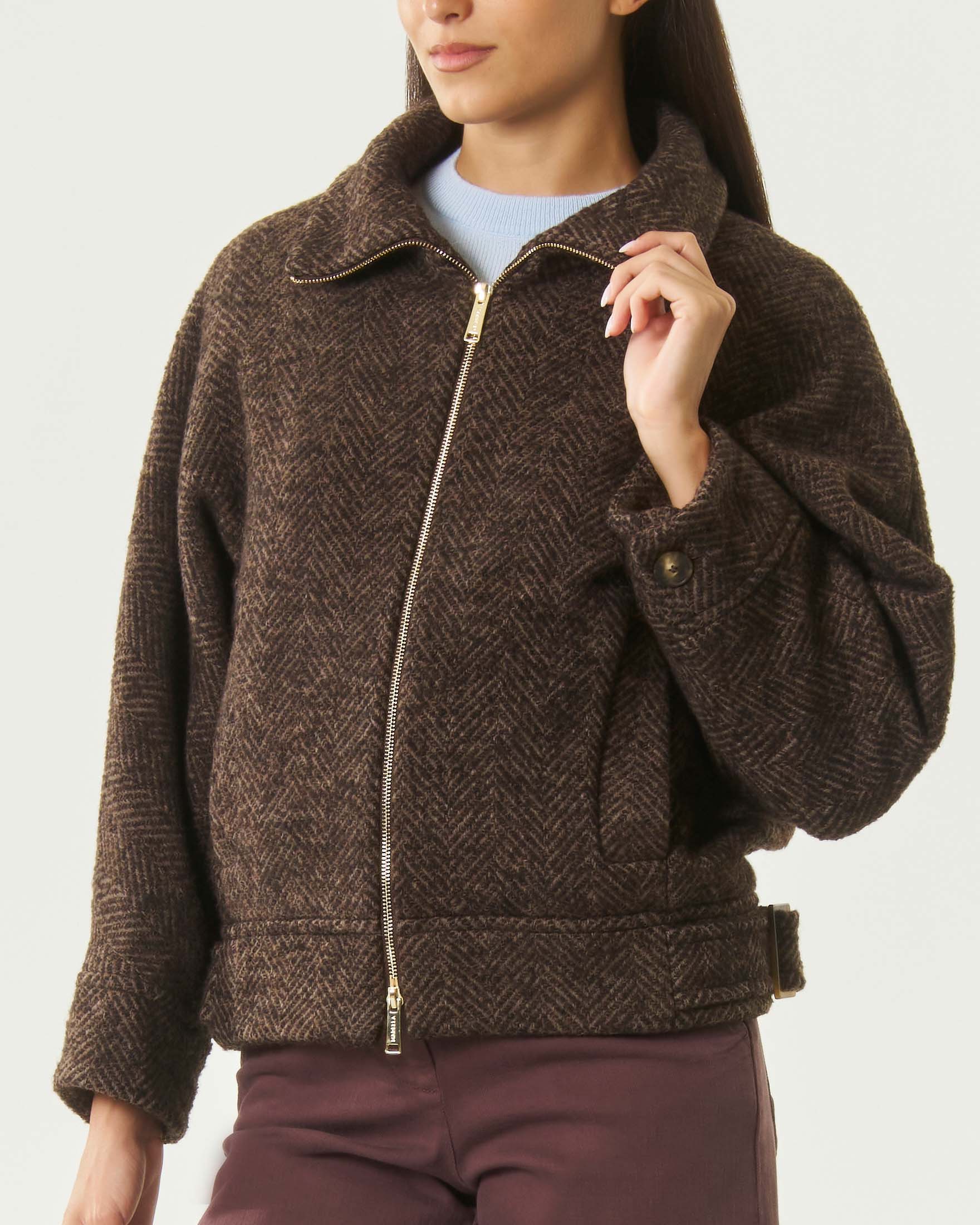 Giacca bomber Marella Sport marrone in lana a spina di pesce con chiusura zip e colletto a camicia image