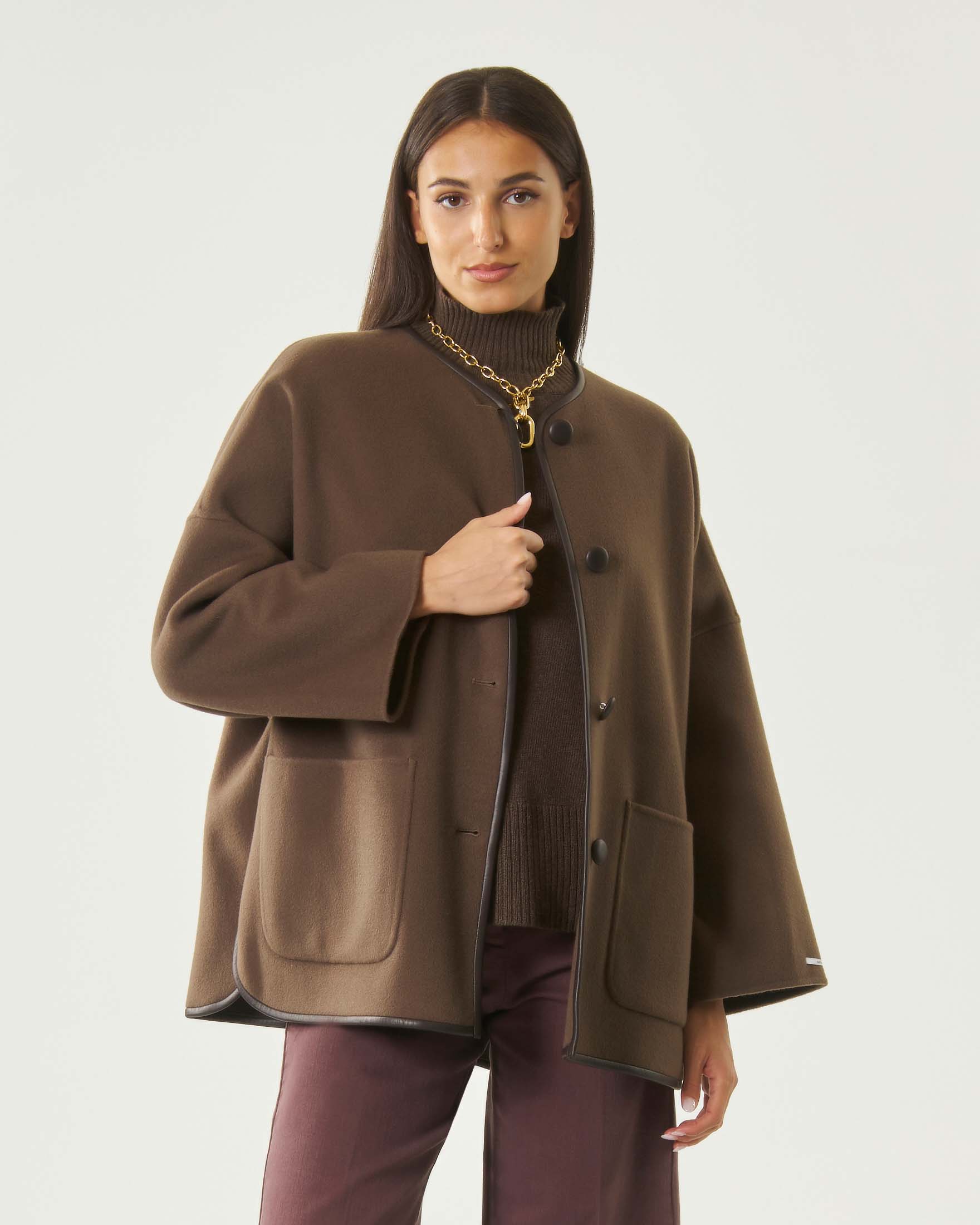 Cappa Marella Sport marrone in double di misto lana con dettagli in vera pelle
