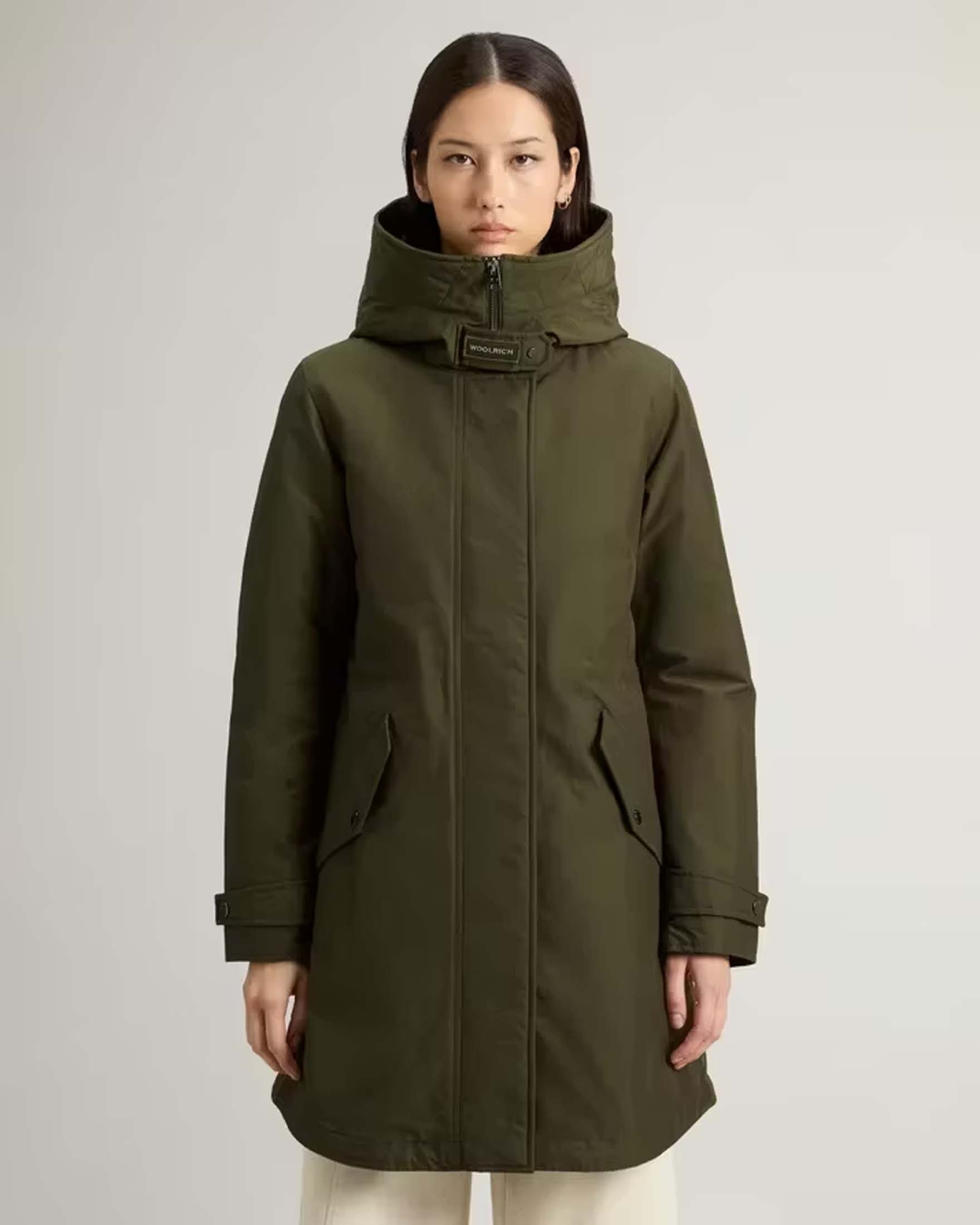 Parka Authentic Woolrich verde militare in tessuto idrorepellente 3 in 1 con piumino interno