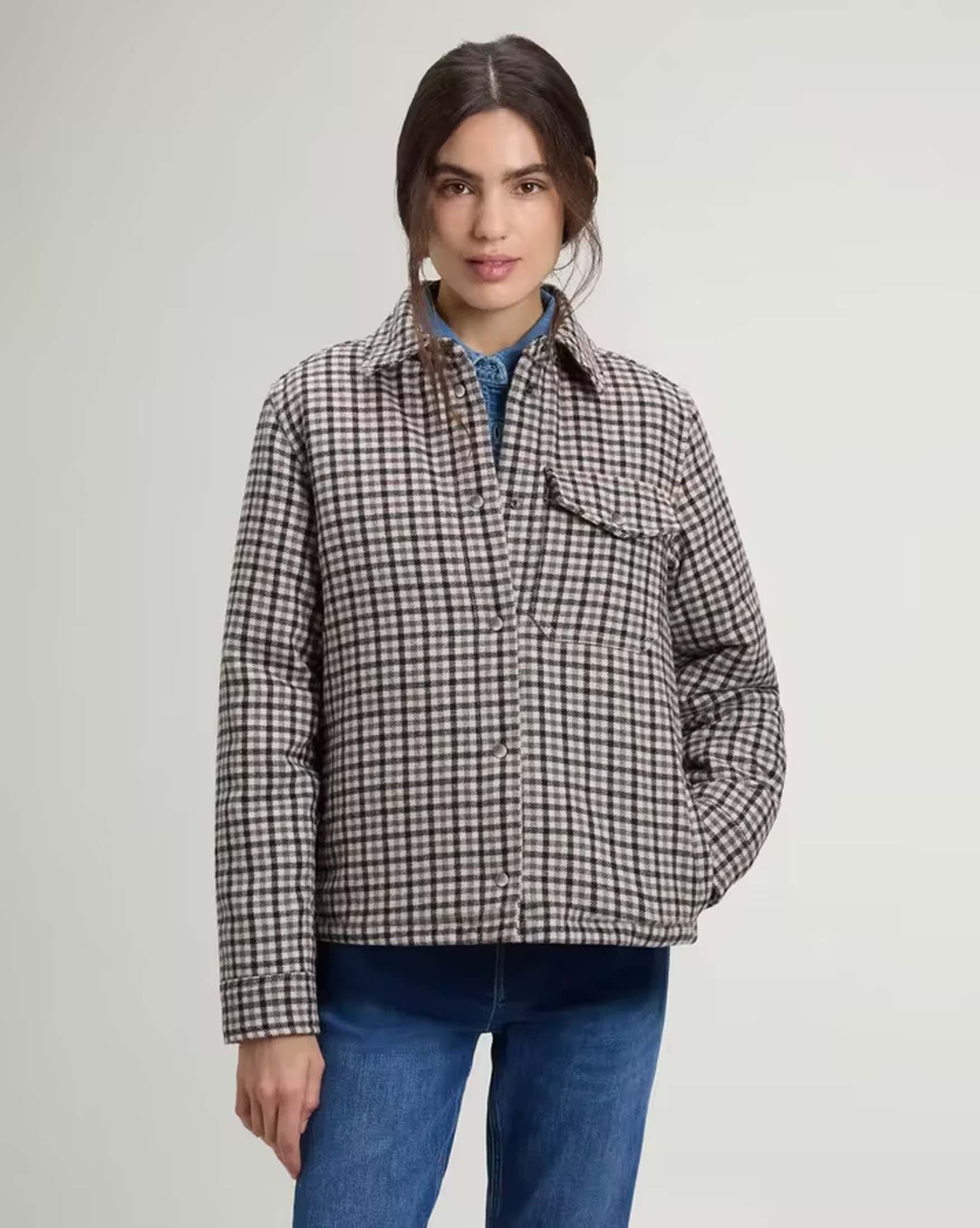 Giacca a camicia Alaskan Woolrich marrone in vichy beige imbottita in misto lana