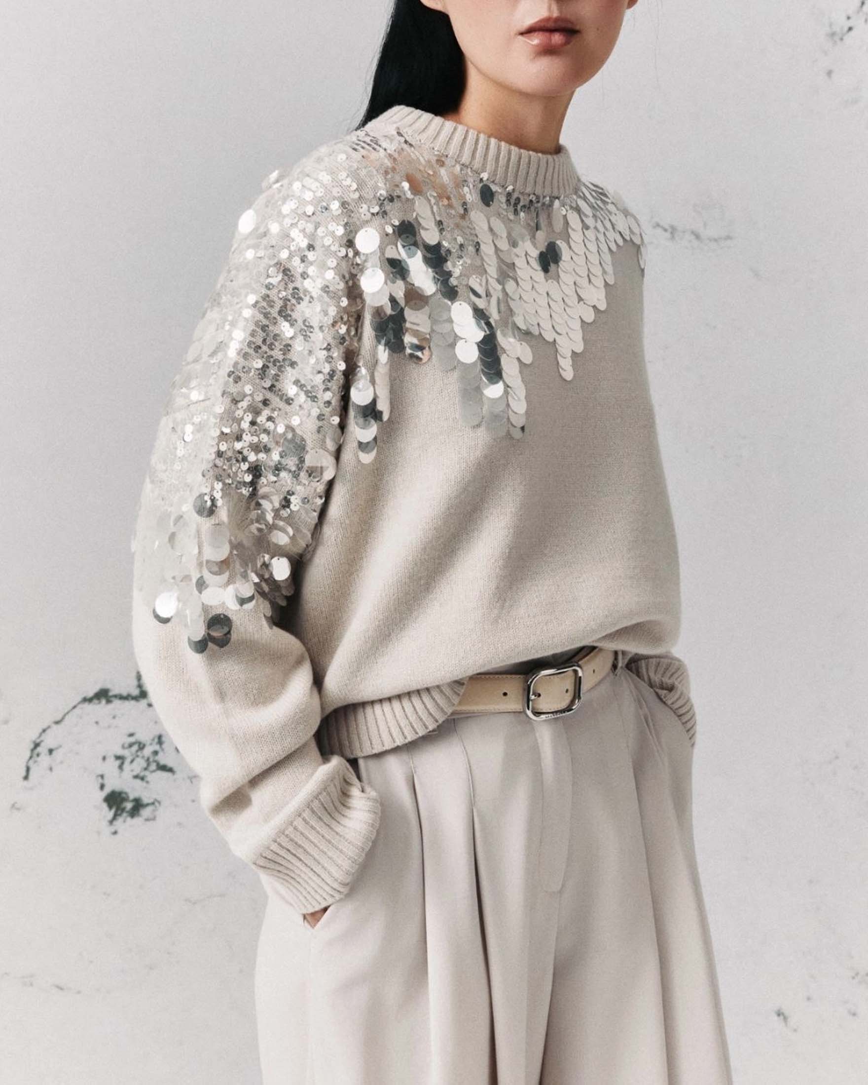 Maglia girocollo Marella Monochrome beige in pura lana con macro paillette e bordi a costine
