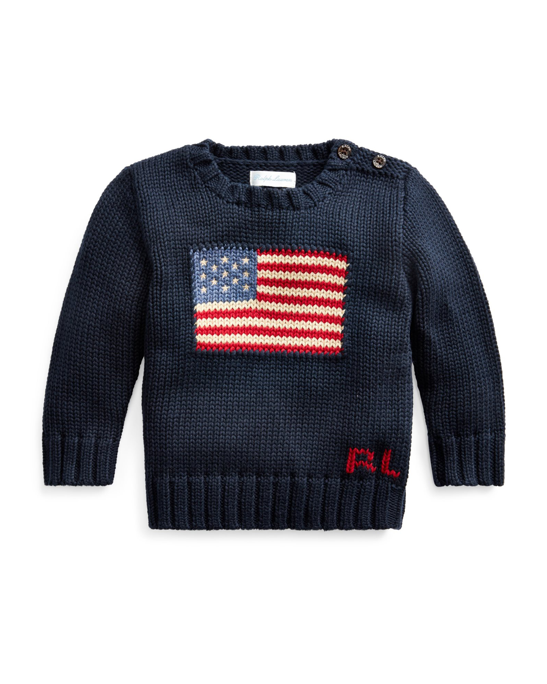 Maglia Polo Ralph Lauren blu girocollo in cotone con bandiera USA e sigla RL jacquard