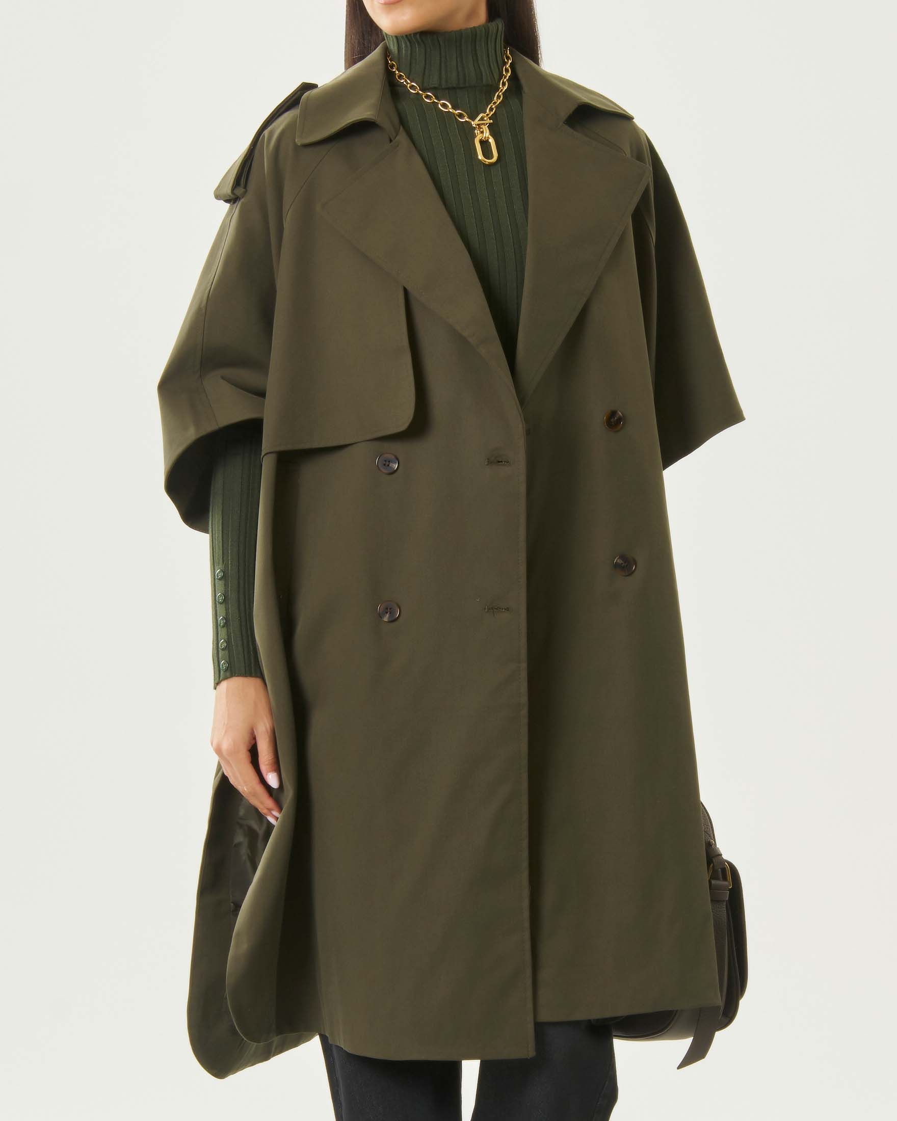 Trench over Attentif verde militare in misto cotone a mezze maniche e chiusura doppiopetto image