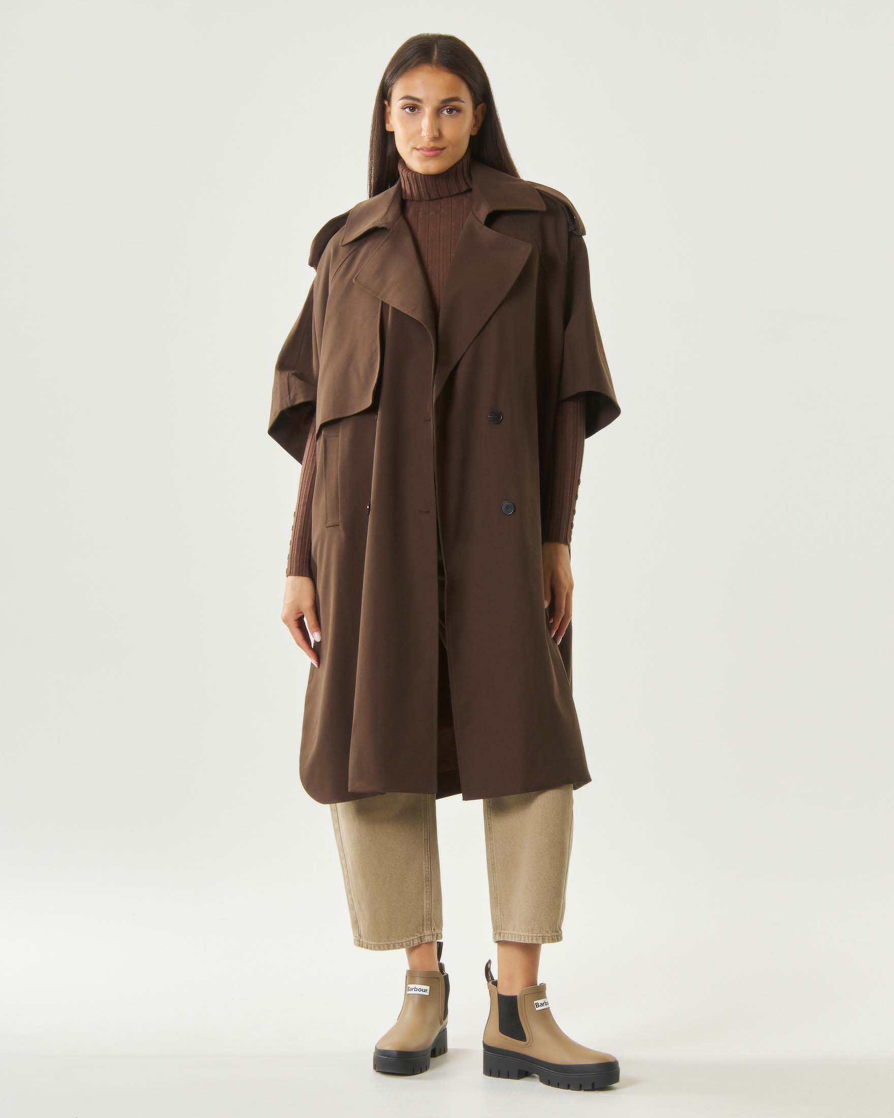 Trench over Attentif marrone in misto cotone a mezze maniche e chiusura doppiopetto
