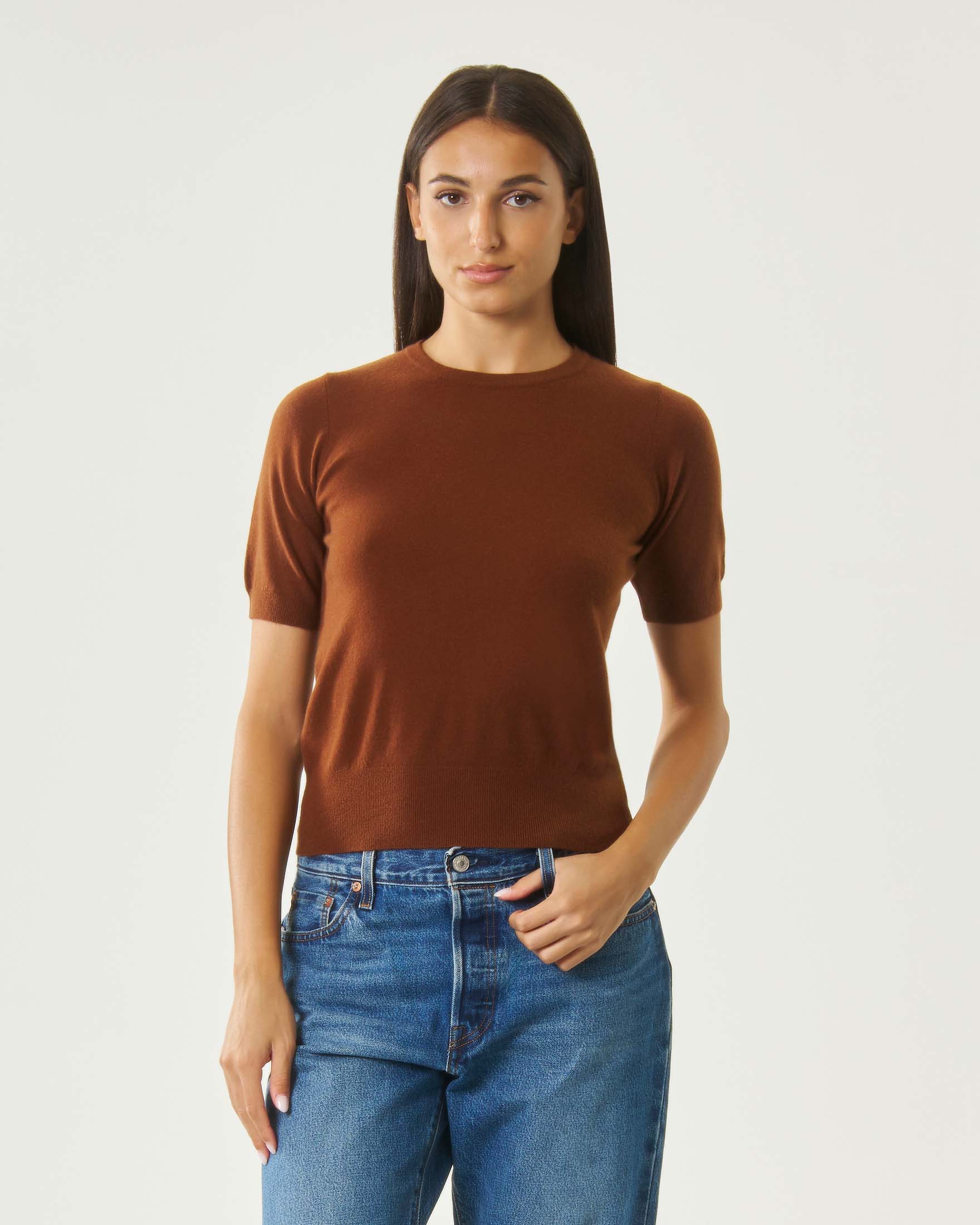 Maglia a maniche corte Hlo! color coccio in misto lana con scollo a giro e bordi a costine
