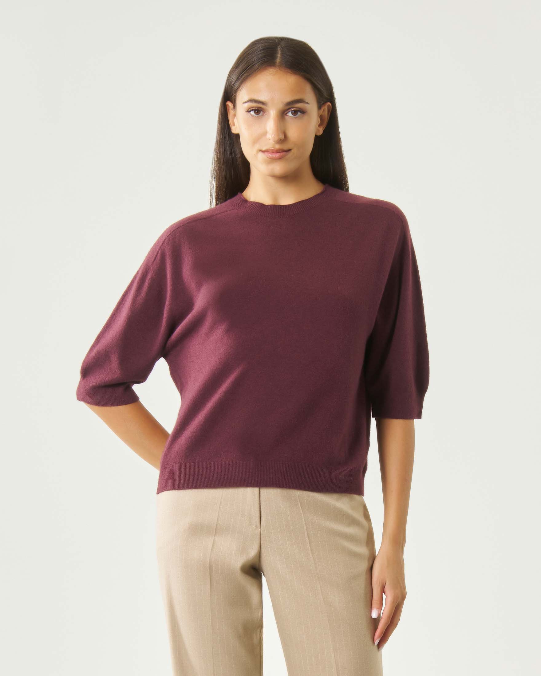 Maglia boxy Hlo! bordeaux in misto viscosa a mezze maniche con bordi a costine