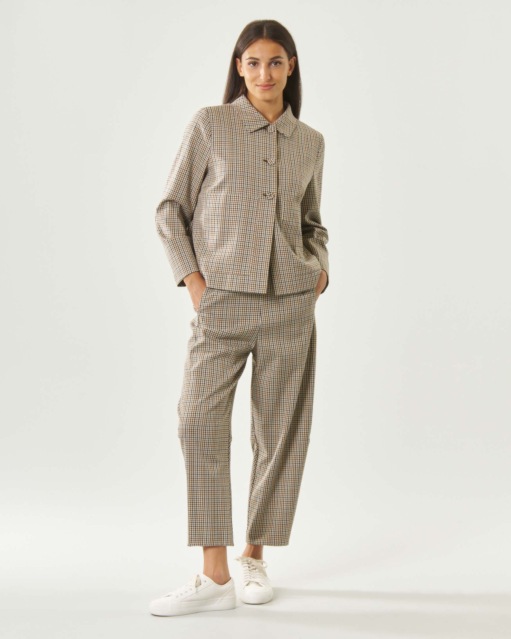 Pantaloni balloon crop Jurerê cammello e marroni in viscosa a motivo Vichy con tasche alla francese