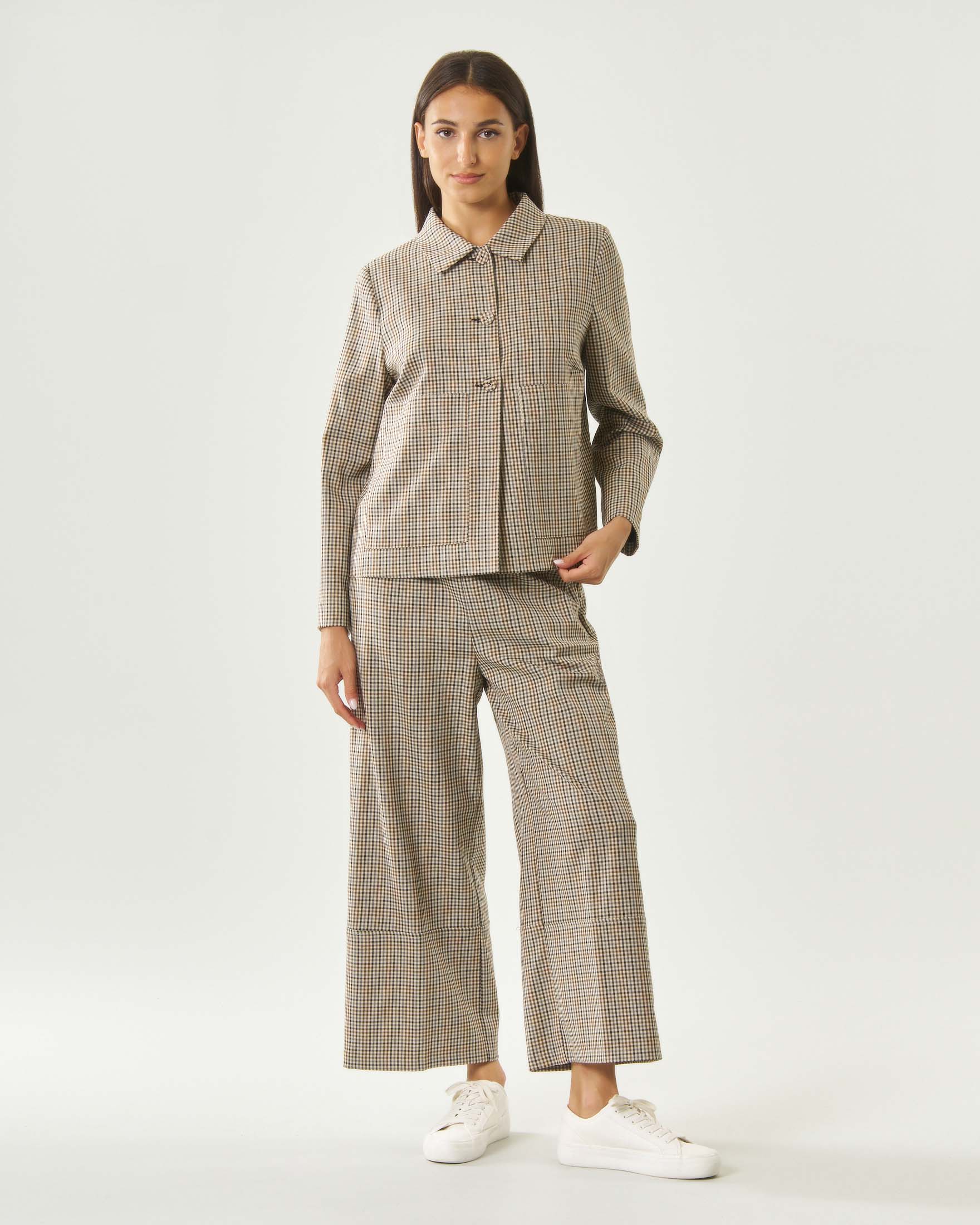 Pantaloni wide Jurerê cammello e marroni in viscosa a motivo Vichy con tasche alla francese