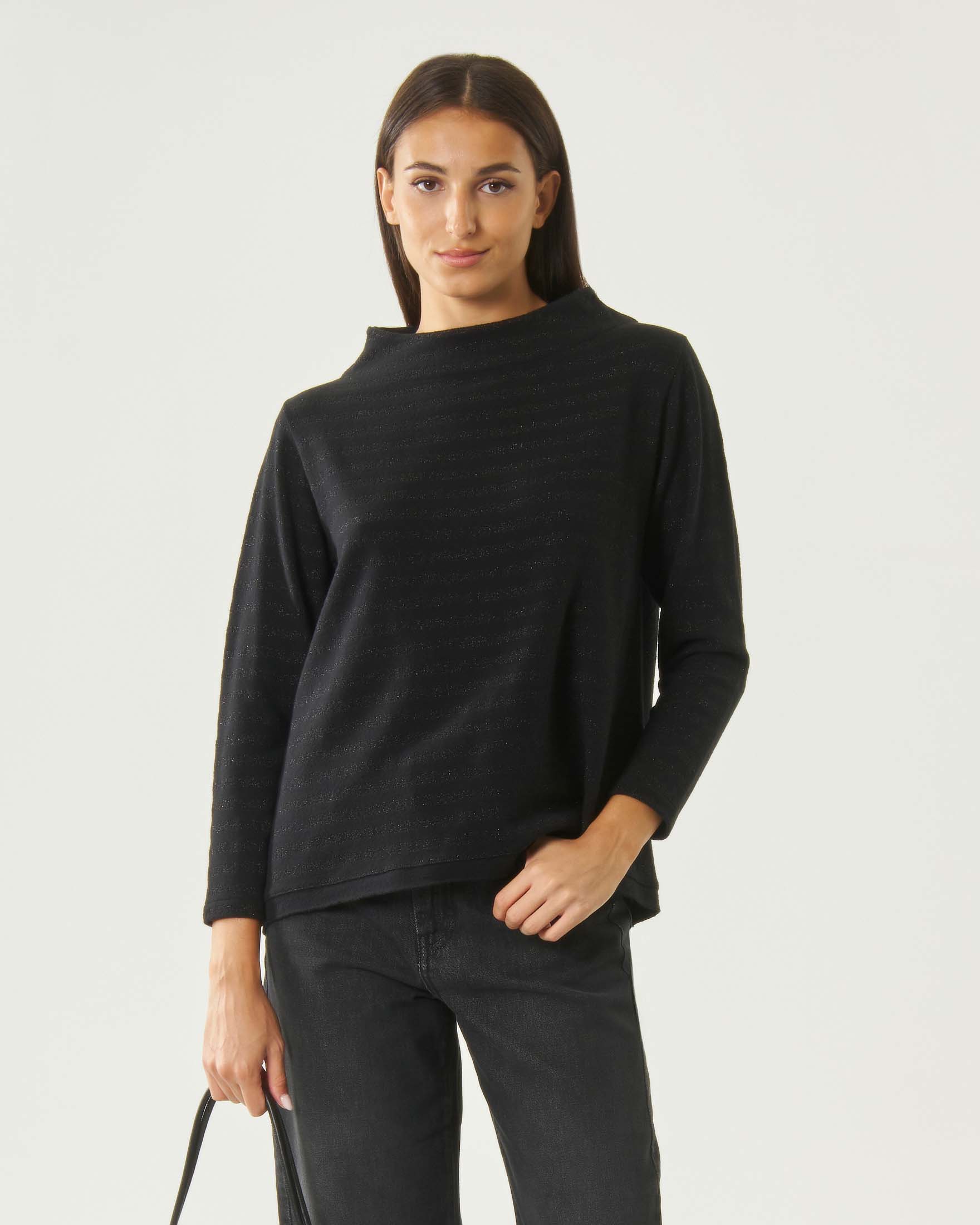 Maglia ampia maniche lunghe Jurerê marrone a righe in cotone con filo lamé e collo a cratere