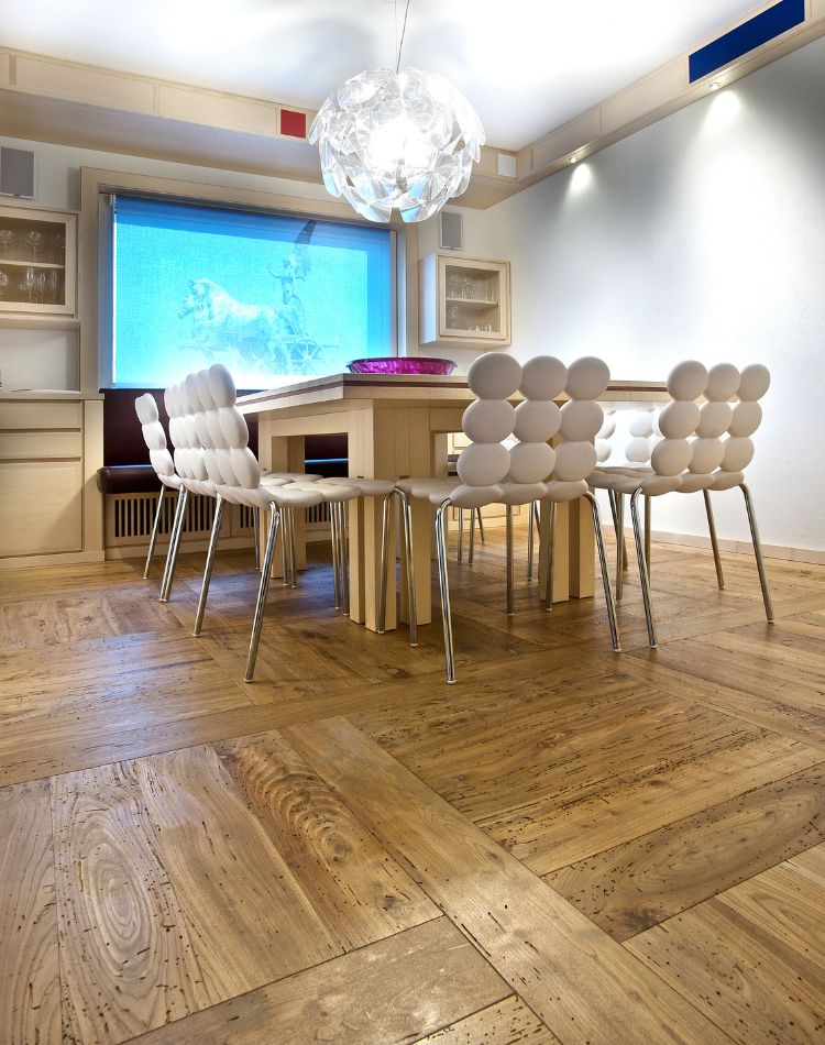 Dining room with antique elm flooring