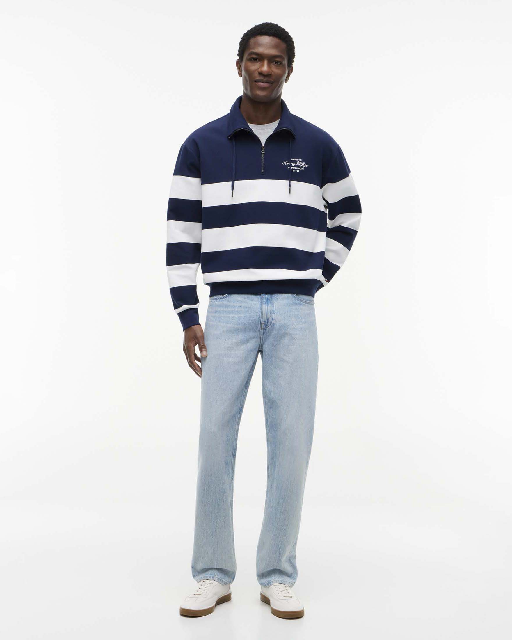 Felpa a righe blu e bianche Tommy Hilfiger con mezza zip
