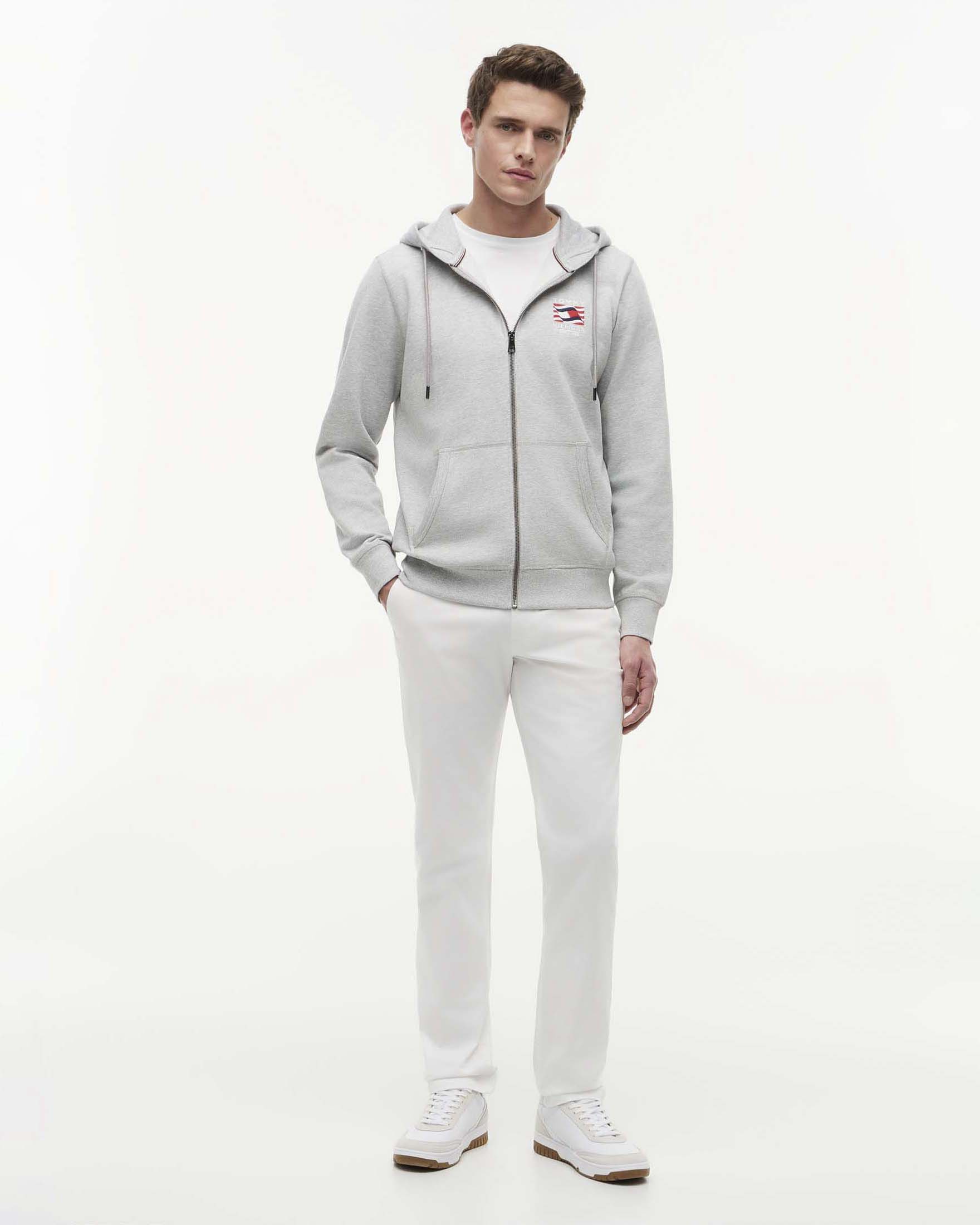 Felpa grigia Tommy Hilfiger con apertura full zip e cappuccio