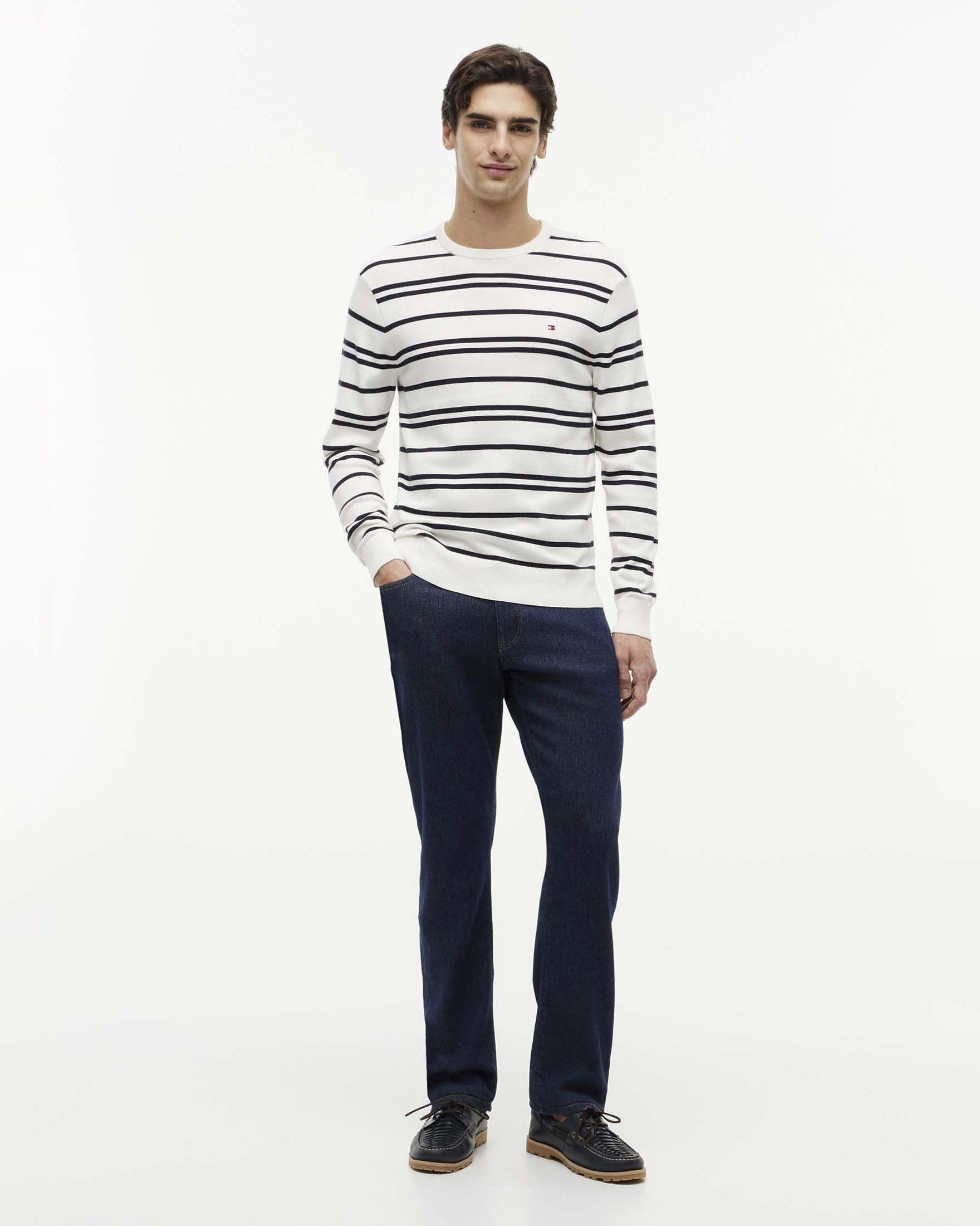 Maglioncino Tommy Hilfiger girocollo bianco a righe blu in cotone