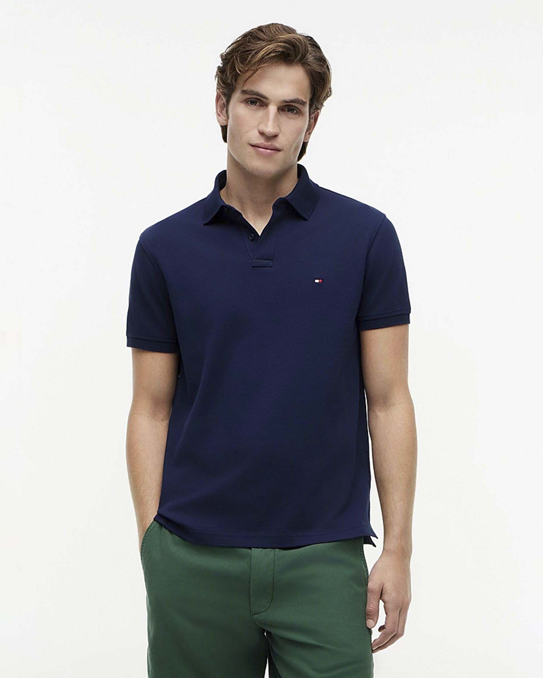 Polo mezza manica Tommy Hilfiger blu in cotone stretch con logo flag ricamato sul petto