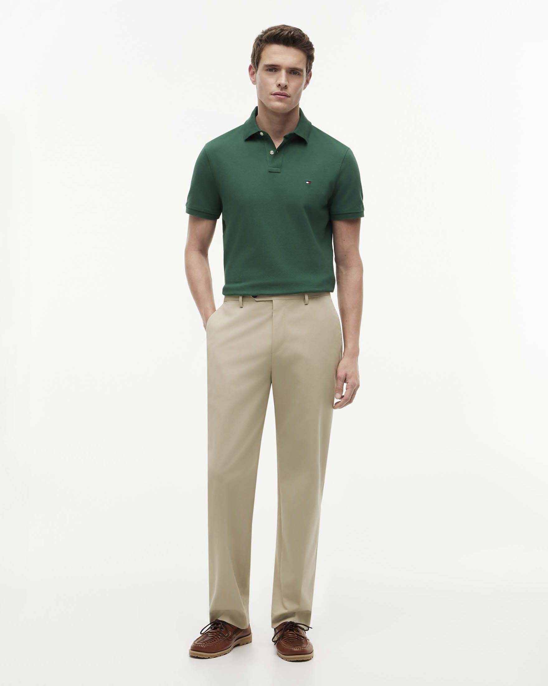 Polo mezza manica Tommy Hilfiger verde in cotone stretch con logo flag ricamato sul petto