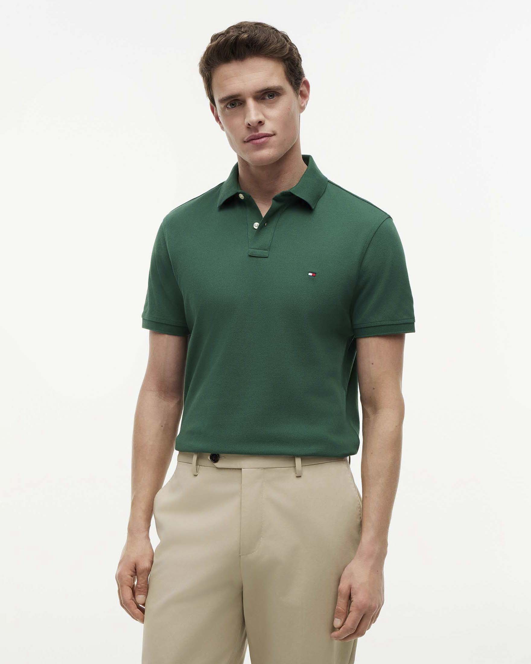 Polo mezza manica Tommy Hilfiger verde in cotone stretch con logo flag ricamato sul petto image