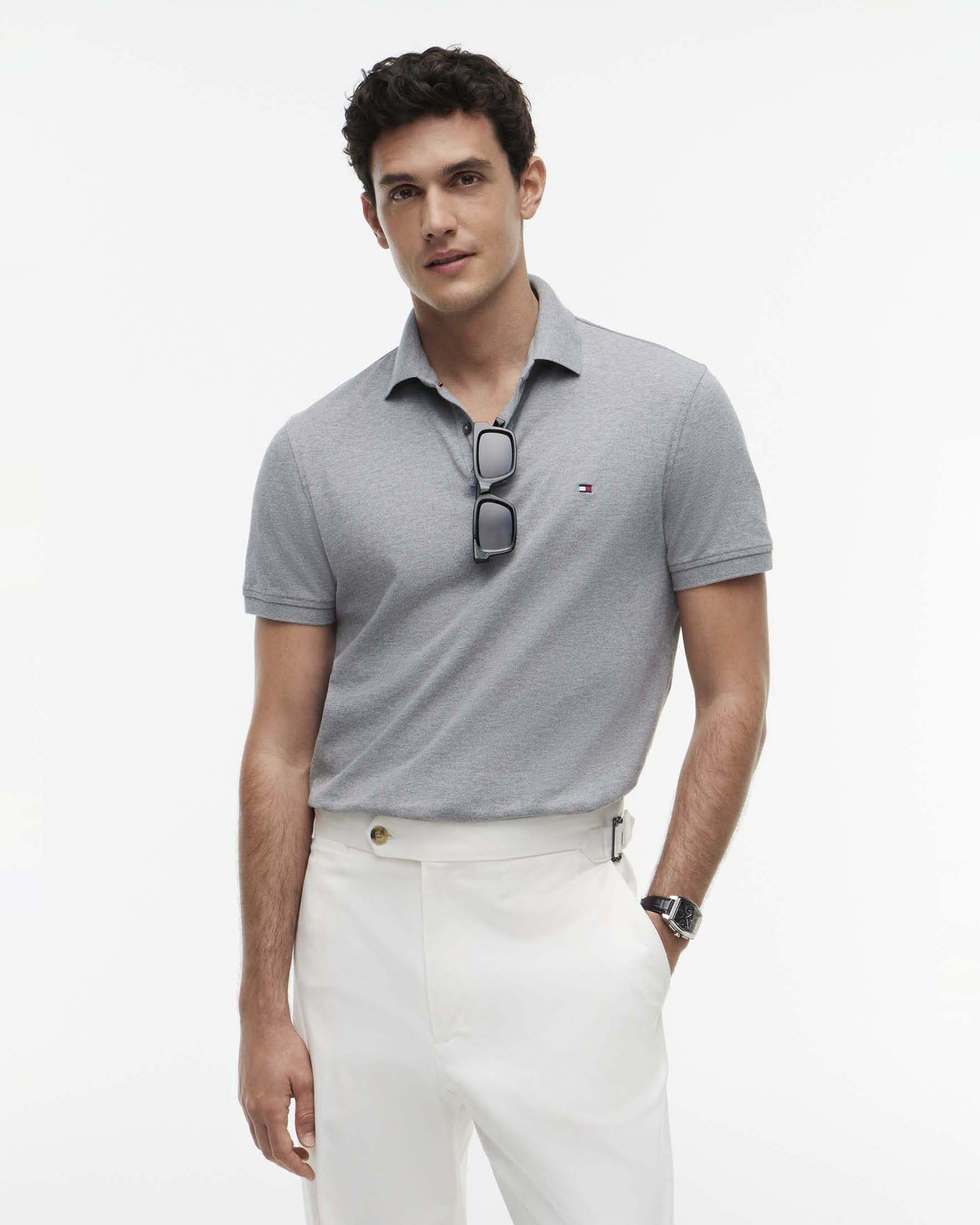 Polo mezza manica Tommy Hilfiger grigia in cotone stretch con logo flag ricamato sul petto