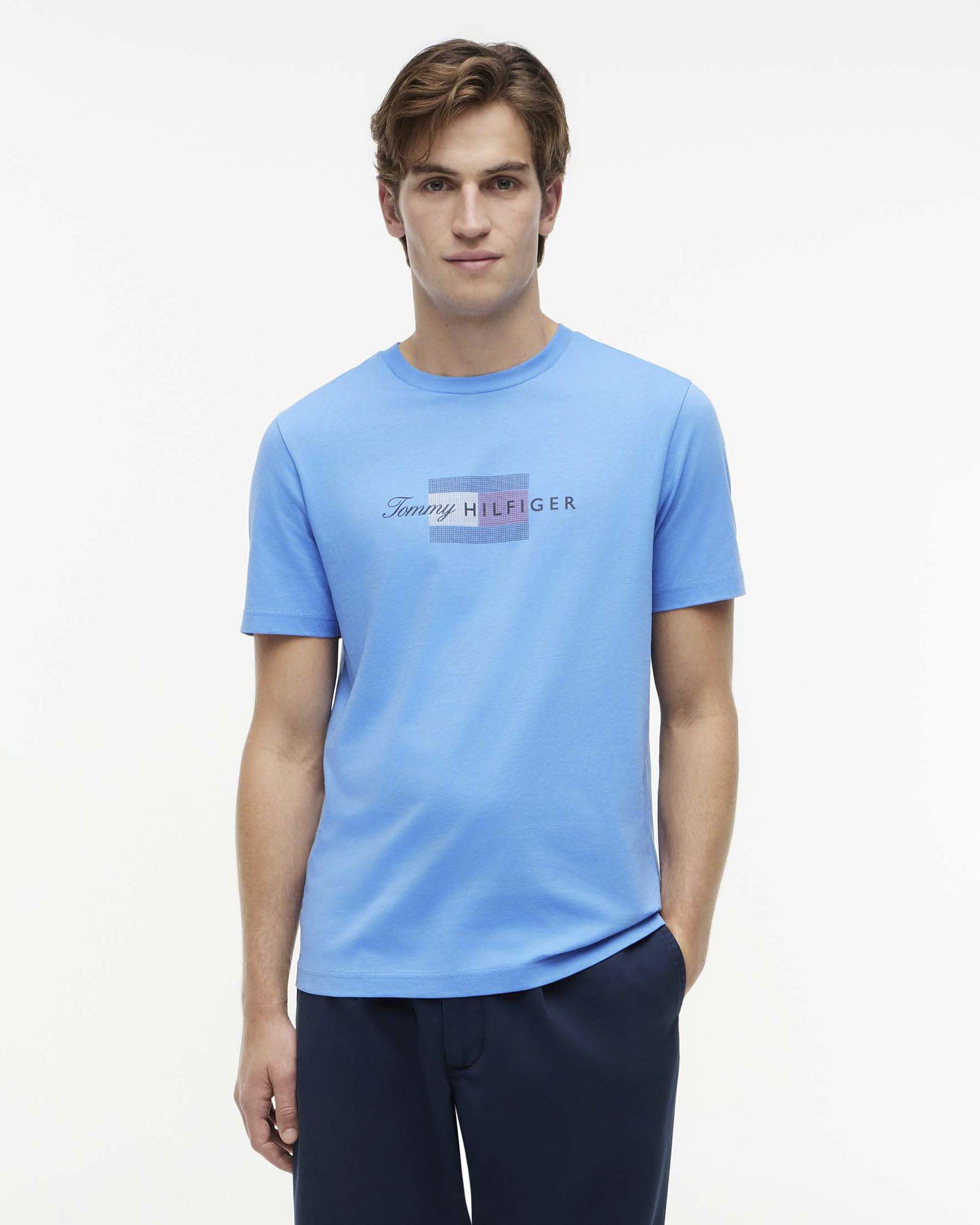 T-shirt Tommy Hilfiger azzurra in jersey di cotone con logo scritta e grafica bandiera