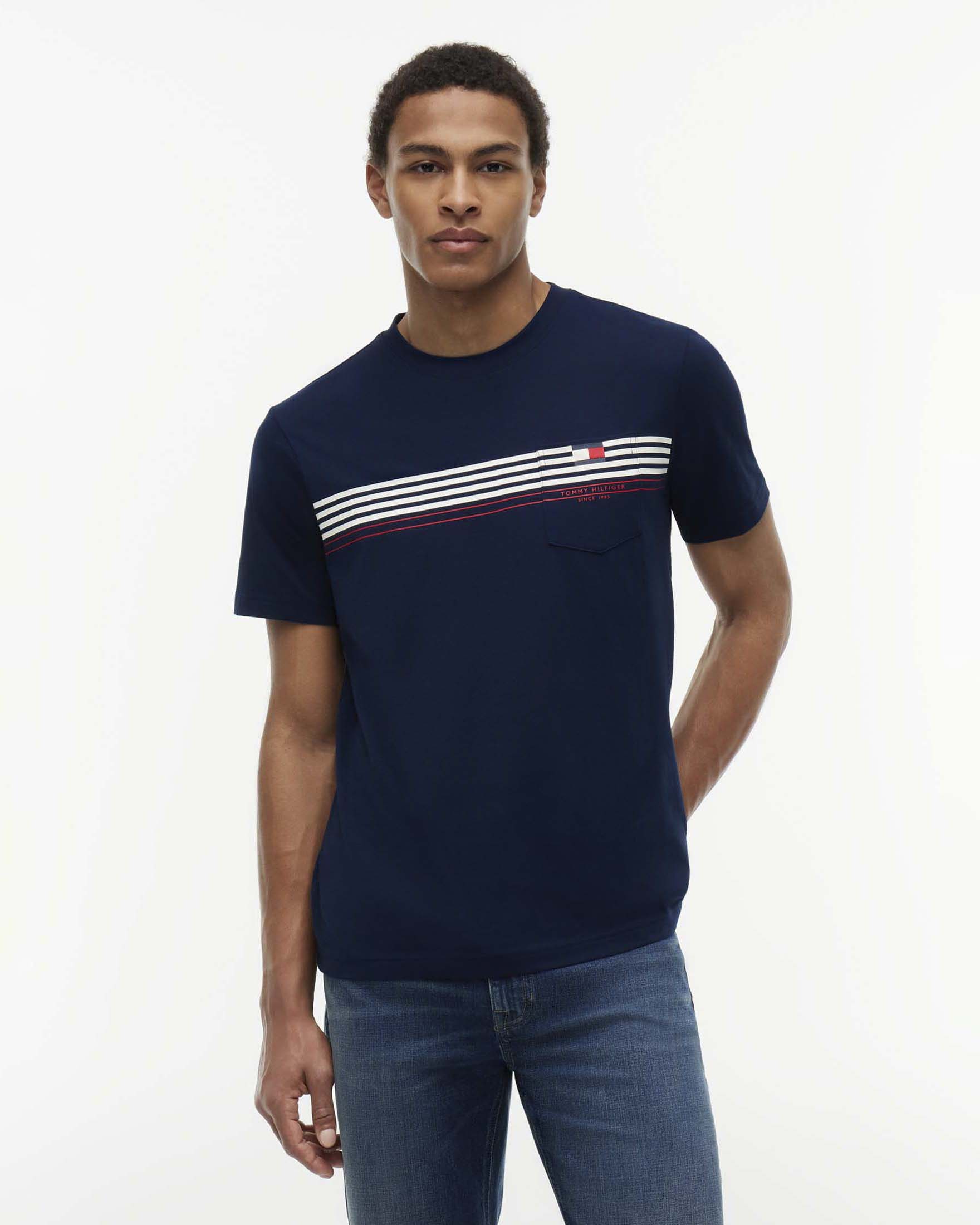 T-shirt Tommy Hilfiger blu Regular Fit in cotone con righe e taschino