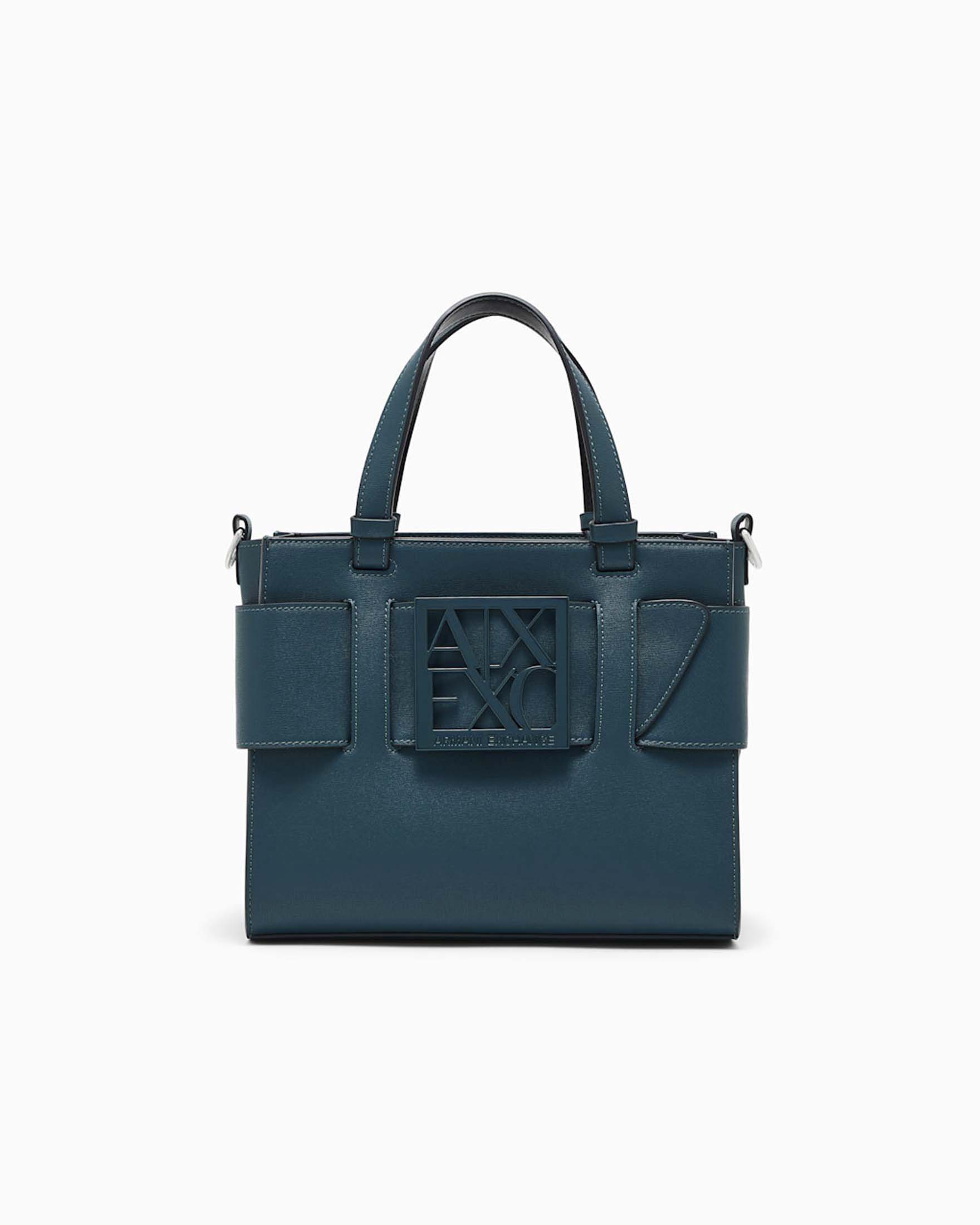Borsa shopping Susy Armani Exchange verde in similpelle con doppi manici e tracolla removibile
