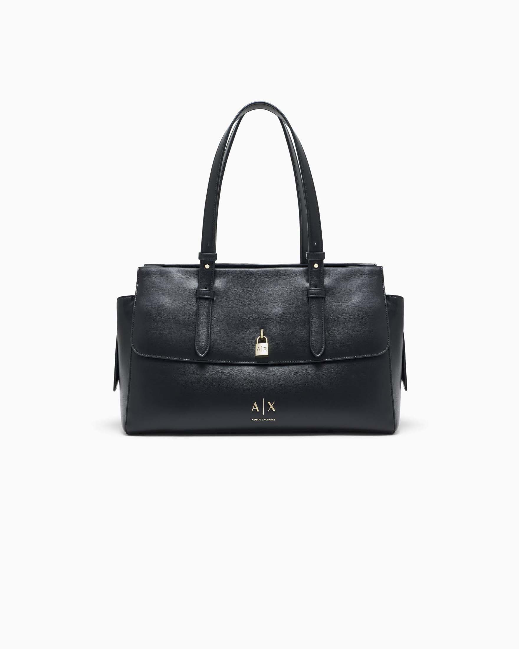 Tote bag strutturata grande Armani Exchange nera in similpelle con lucchetto e tracolla removibile