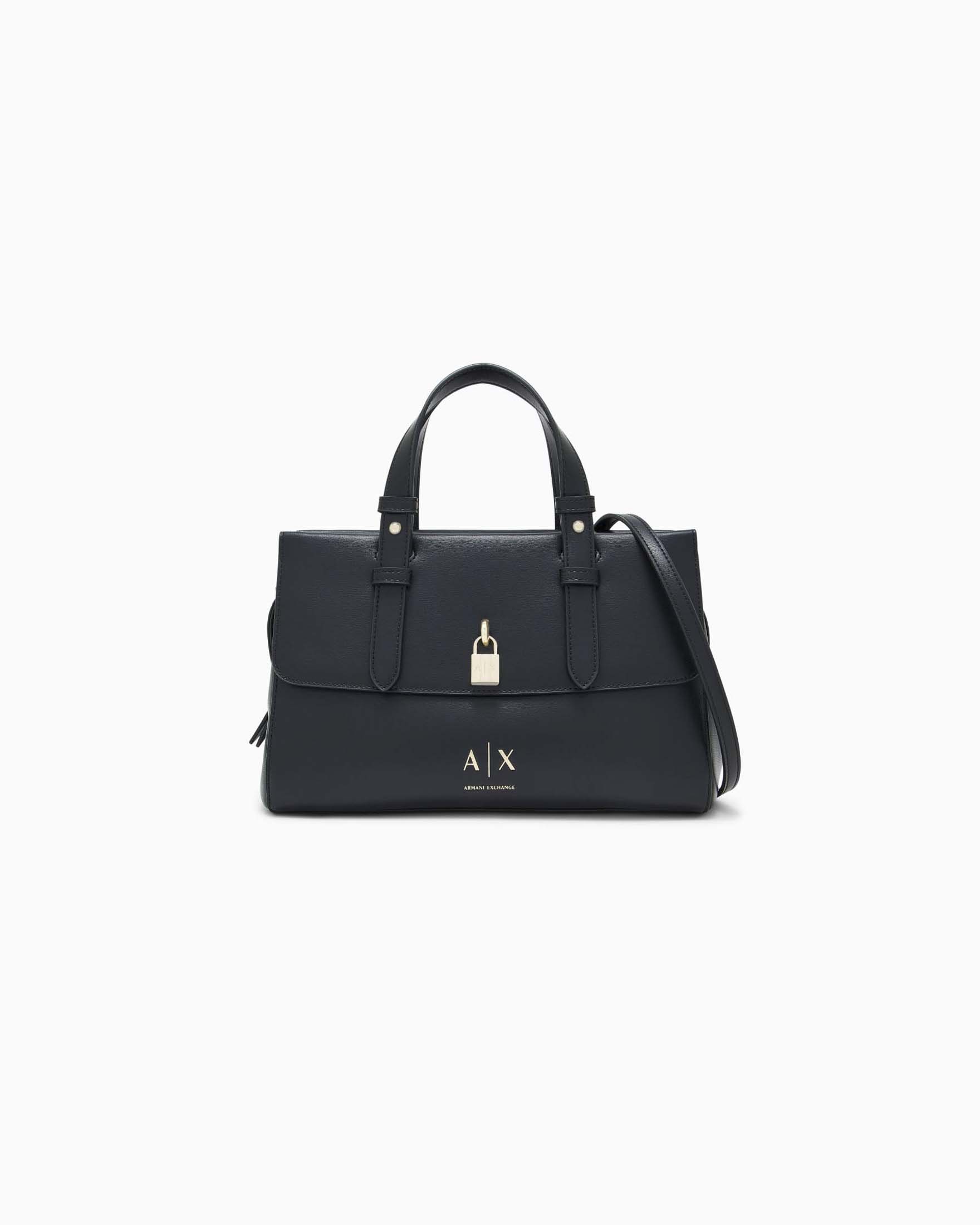 Tote bag strutturata media Armani Exchange nera in similpelle con lucchetto e tracolla removibile