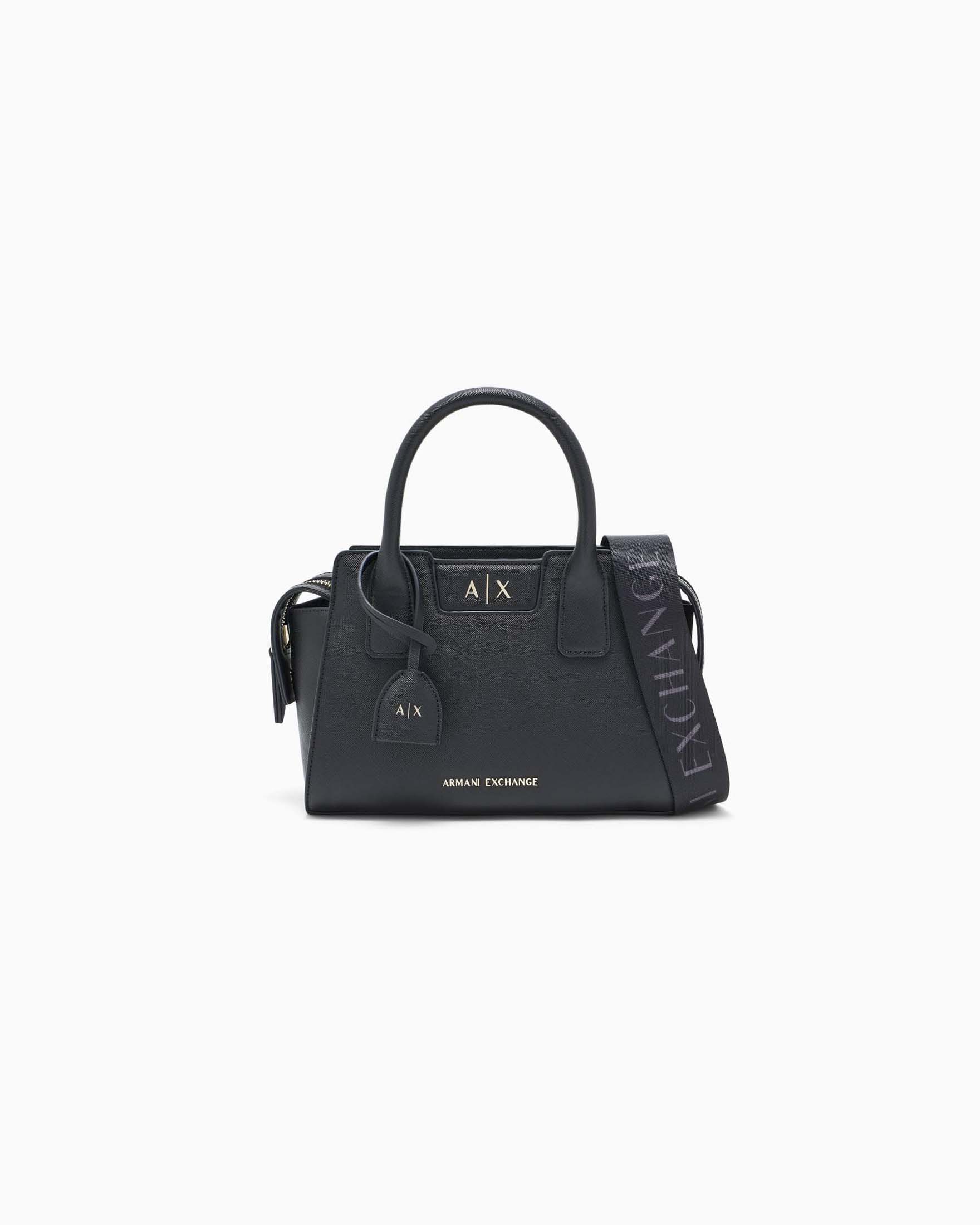 Shopping bag piccola Armani Exchange nera in similpelle saffiano con logo e tracolla removibile
