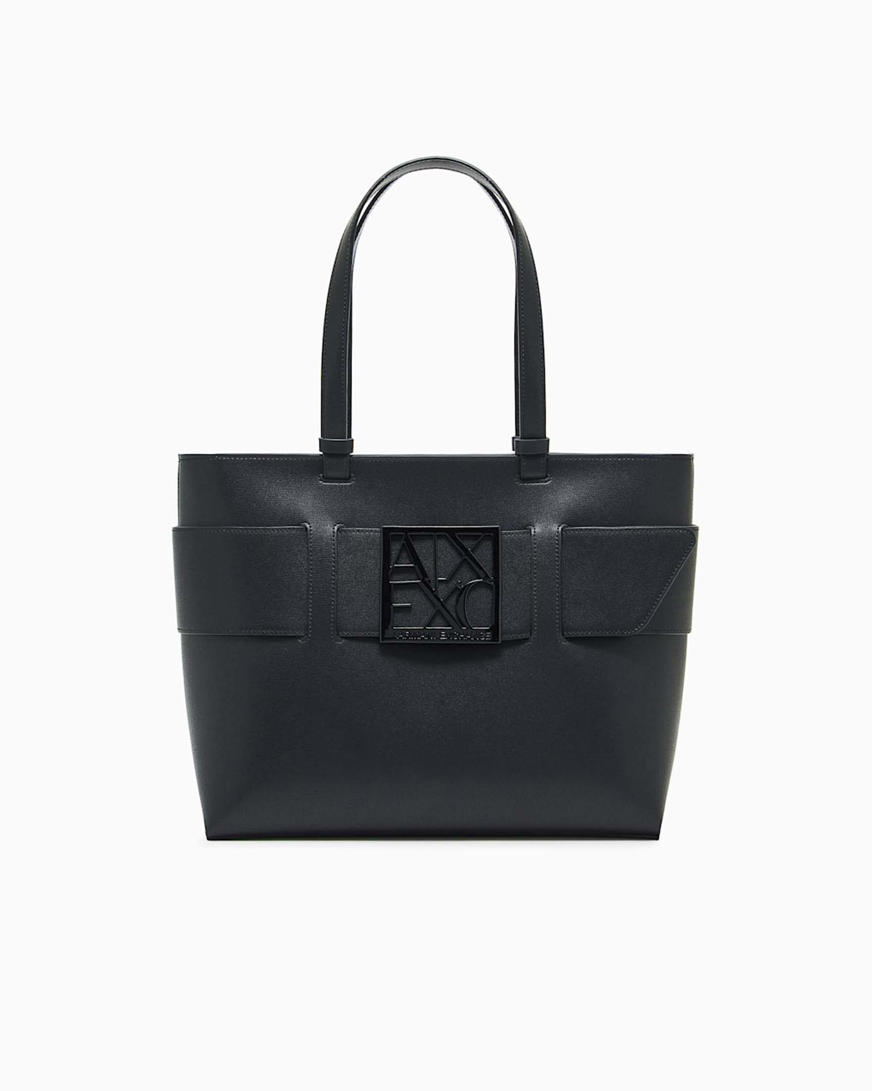 Borsa tote strutturata Armani Exchange nera in similpelle liscia con logo in rilievo e fibbia logo